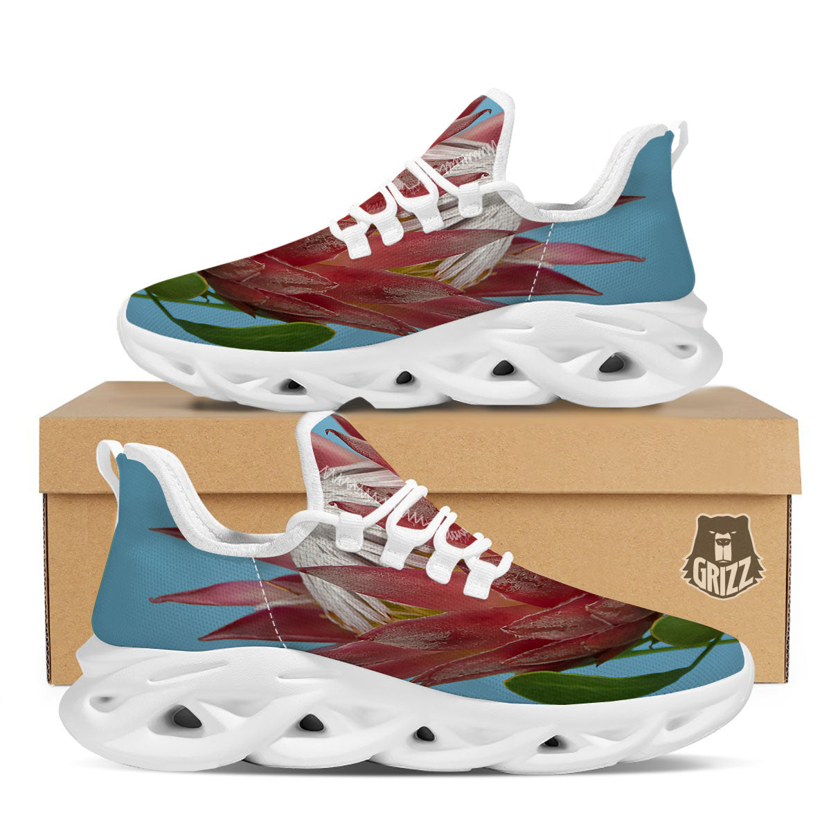 Flower Protea Print White Running Shoes-grizzshop