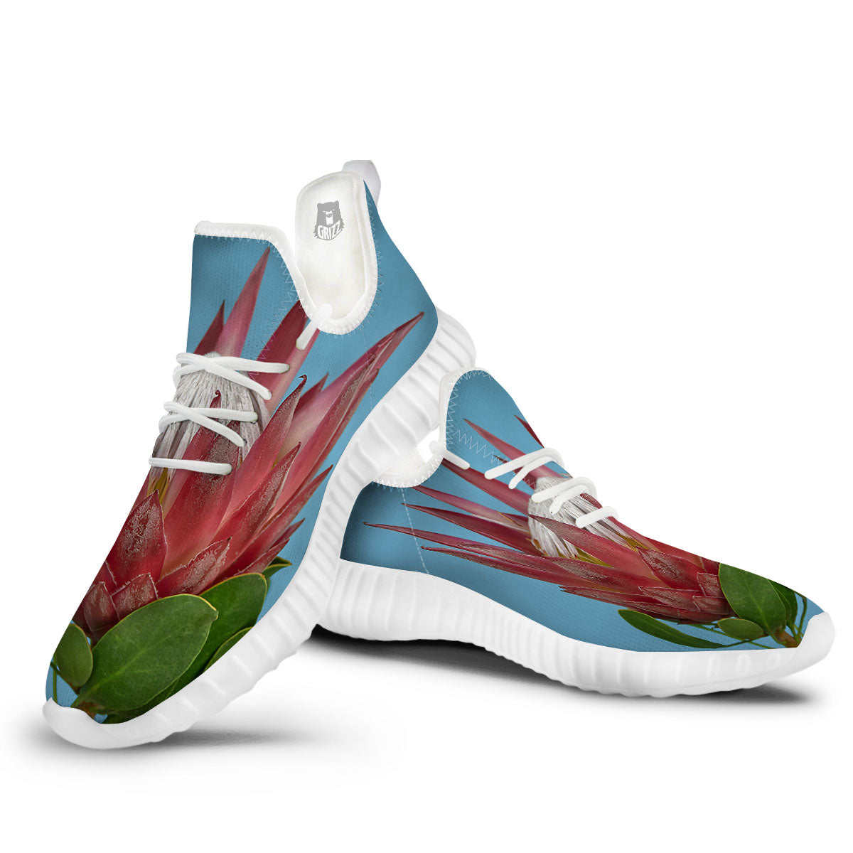 Flower Protea Print White Walking Shoes-grizzshop