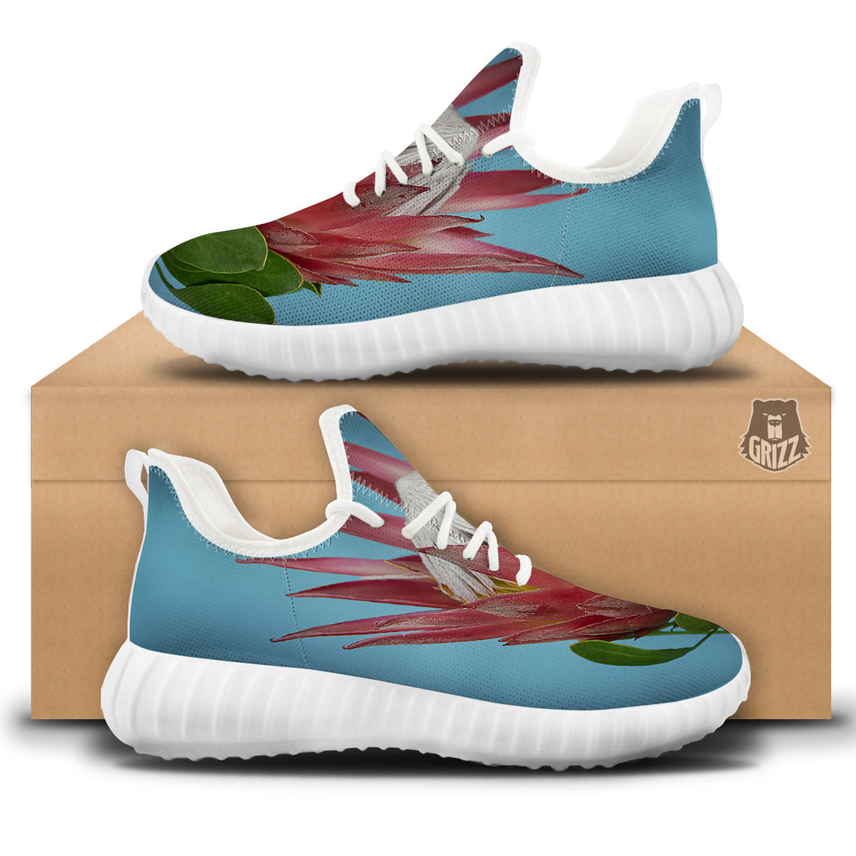Flower Protea Print White Walking Shoes-grizzshop