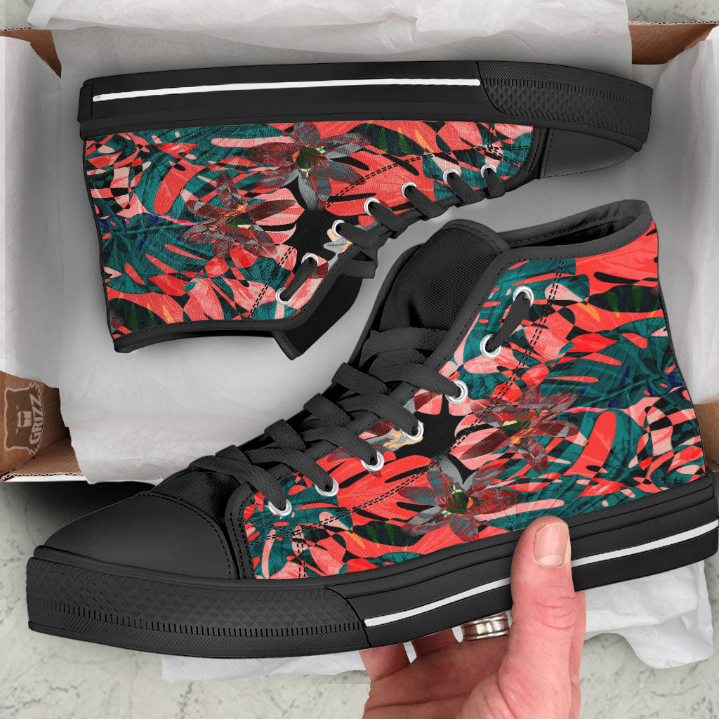 Flower Psychedelic Hawaiian Print Black High Top Shoes-grizzshop