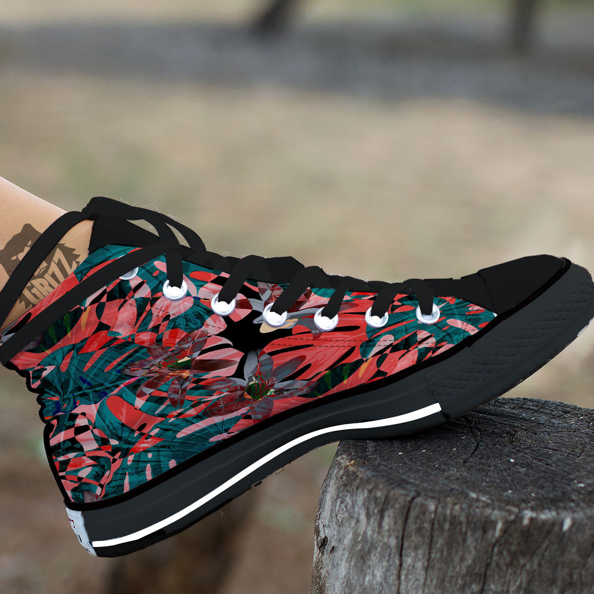 Flower Psychedelic Hawaiian Print Black High Top Shoes-grizzshop