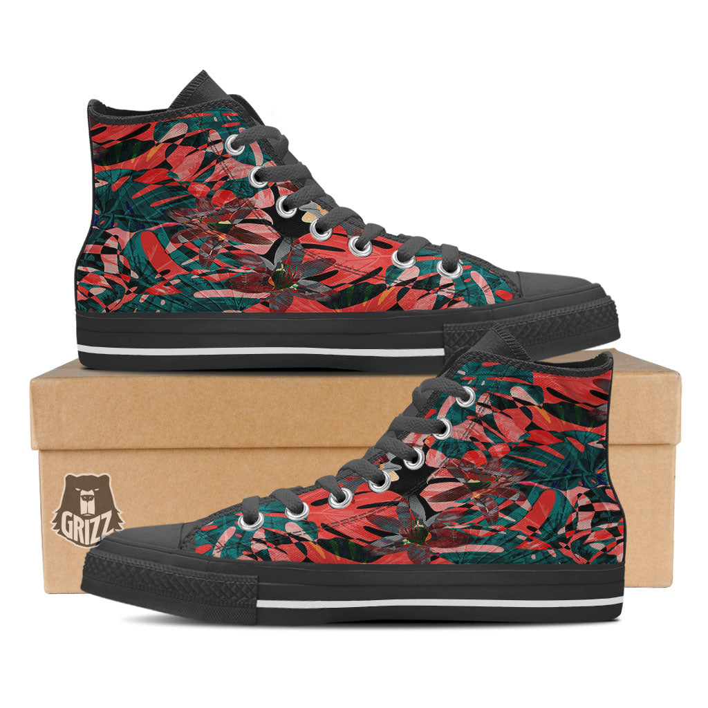 Flower Psychedelic Hawaiian Print Black High Top Shoes-grizzshop