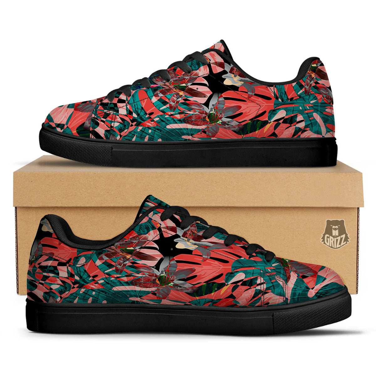 Flower Psychedelic Hawaiian Print Black Low Top Sneakers-grizzshop