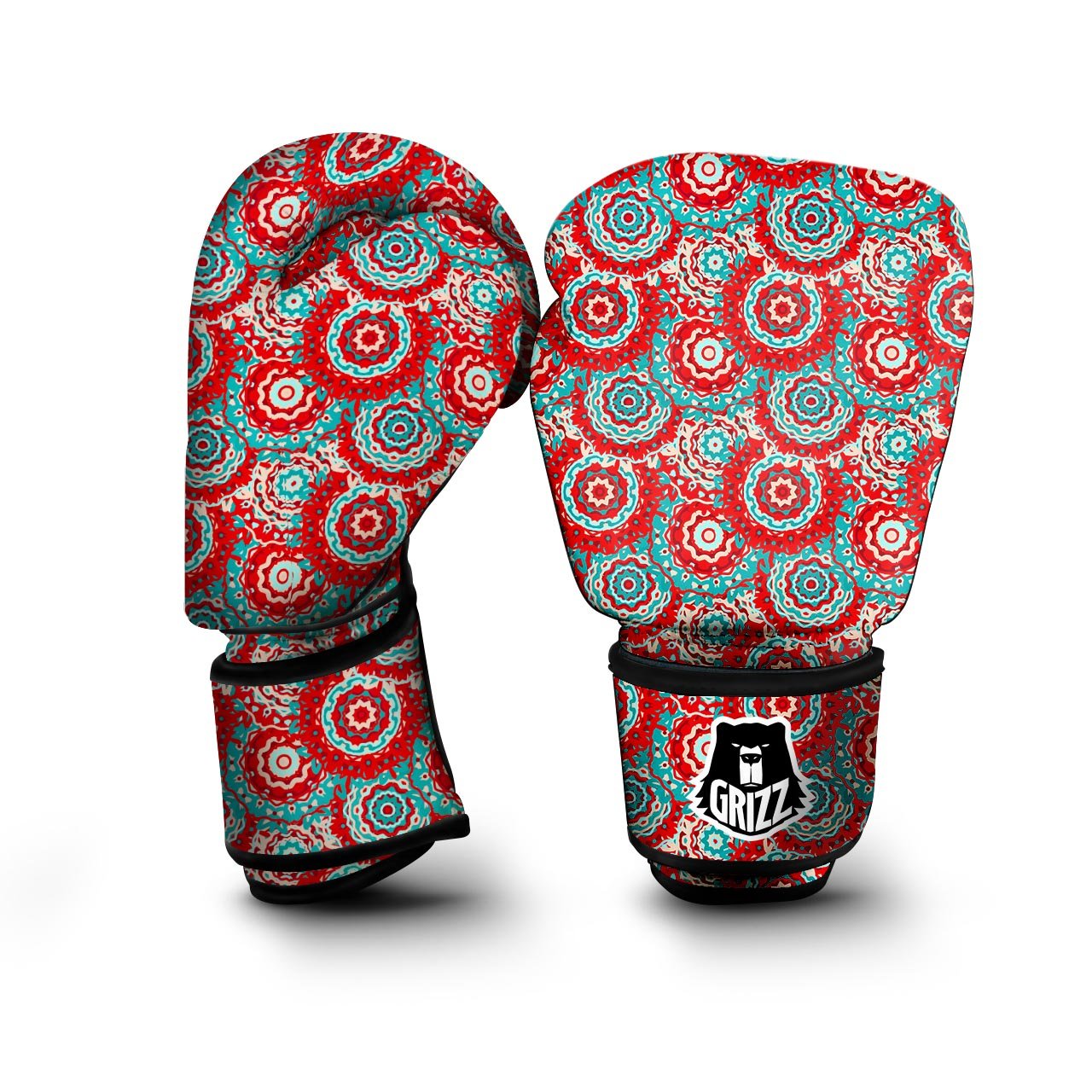 Flower Red Boho Print Pattern Boxing Gloves-grizzshop
