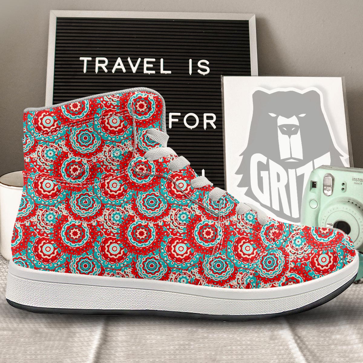 Flower Red Boho Print Pattern High Top Sneakers-grizzshop