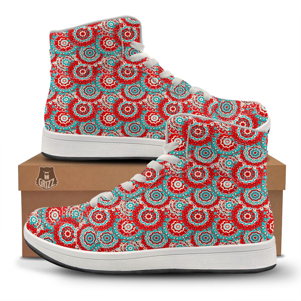 Flower Red Boho Print Pattern High Top Sneakers-grizzshop