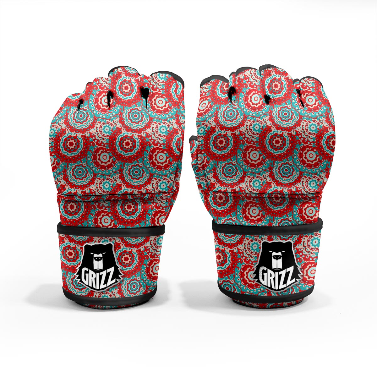 Flower Red Boho Print Pattern MMA Gloves-grizzshop