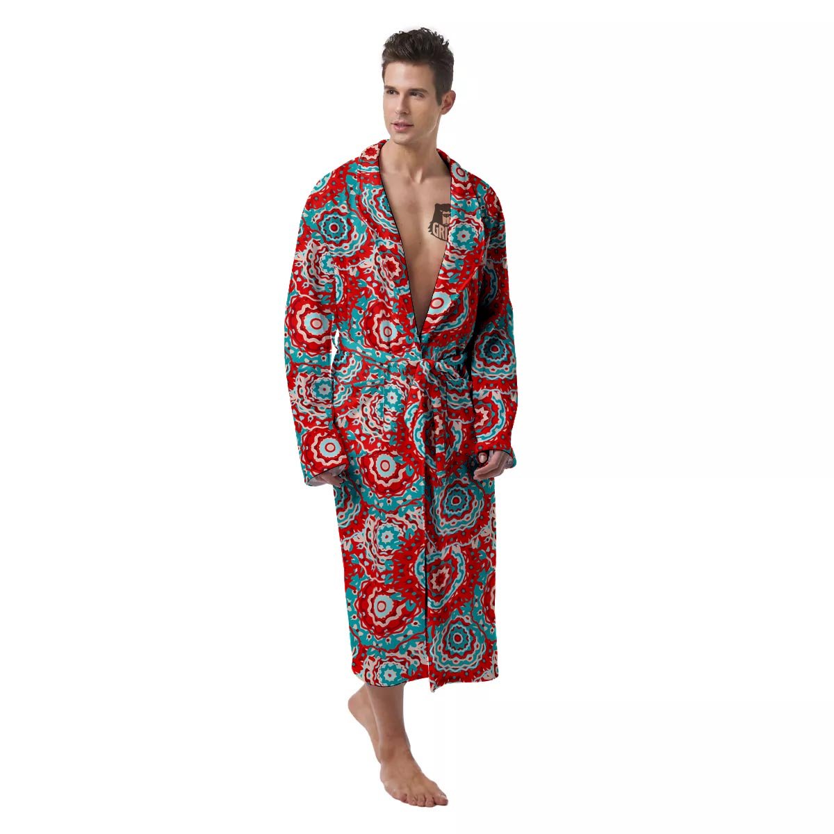 Flower Red Boho Print Pattern Men's Robe-grizzshop