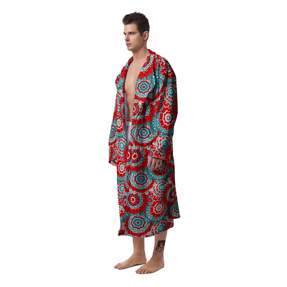 Flower Red Boho Print Pattern Men's Robe-grizzshop