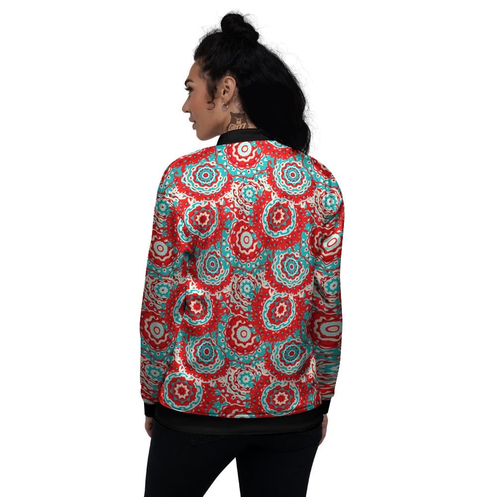 Flower Red Boho Print Pattern Women's Bomber Jacket-grizzshop