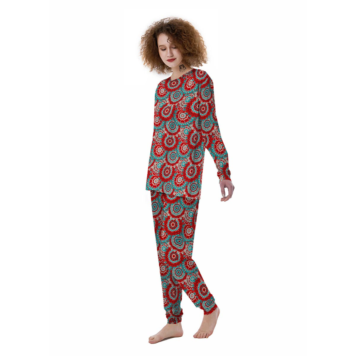 Flower Red Boho Print Pattern Women's Pajamas-grizzshop