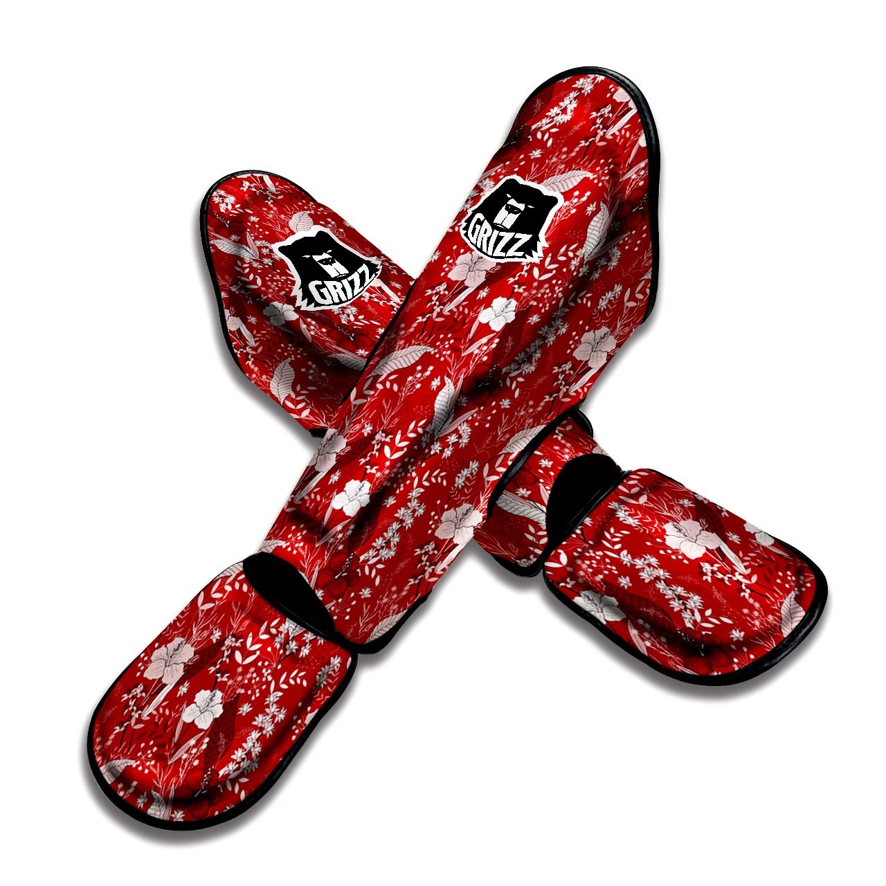 Flower Red Japanese Print Pattern Muay Thai Shin Guards-grizzshop