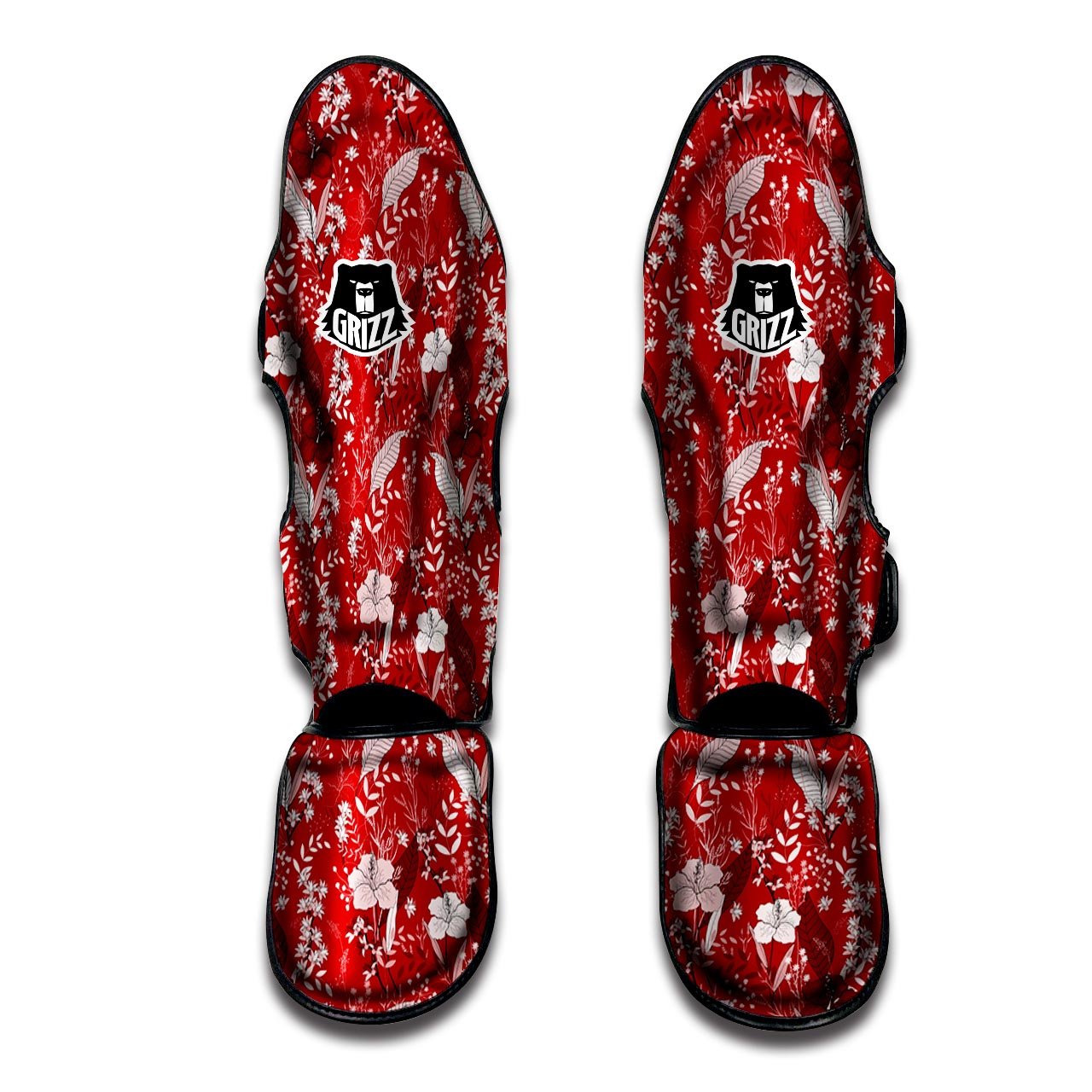 Flower Red Japanese Print Pattern Muay Thai Shin Guards-grizzshop