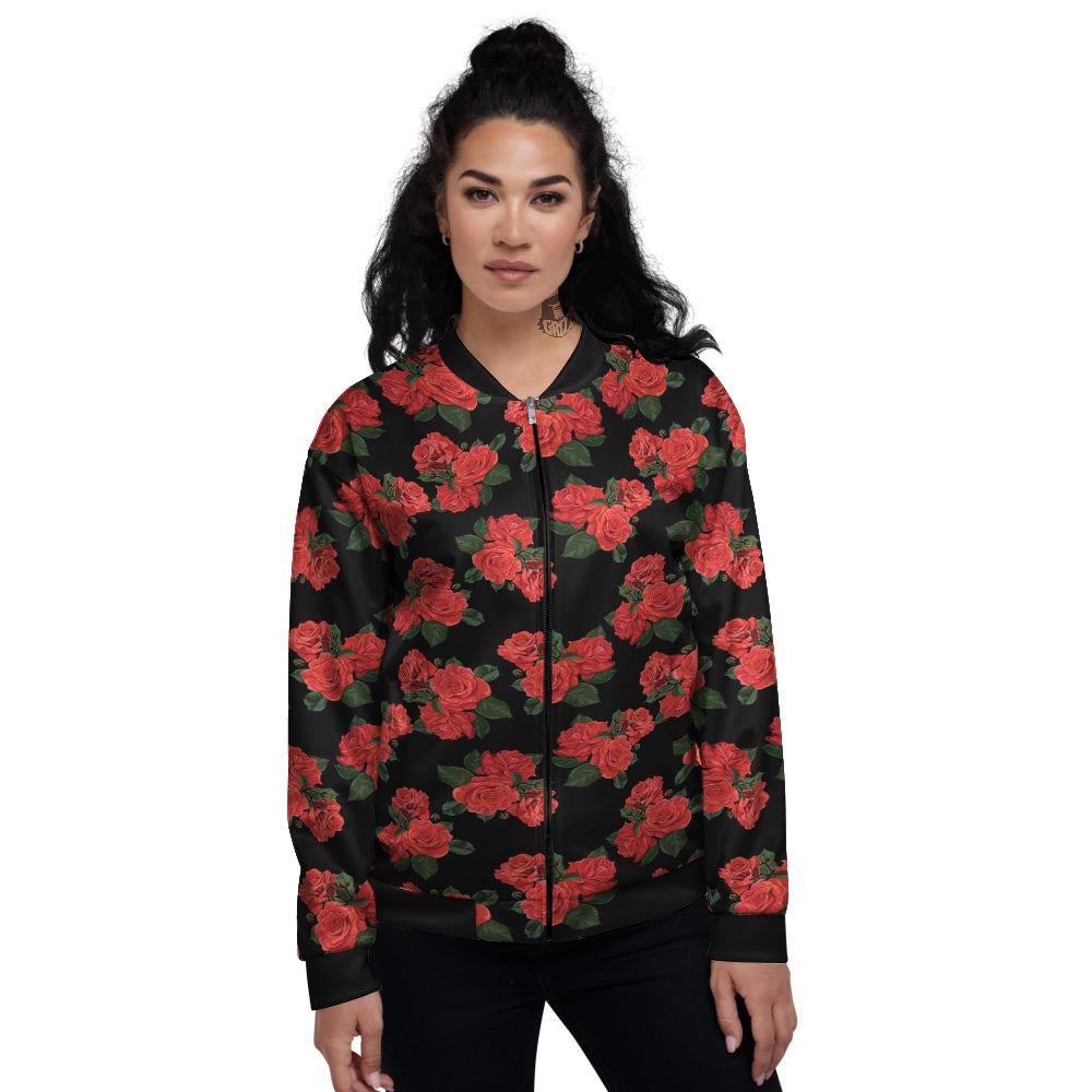 Flower Red Rose Print Pattern Women's Bomber Jacket-grizzshop