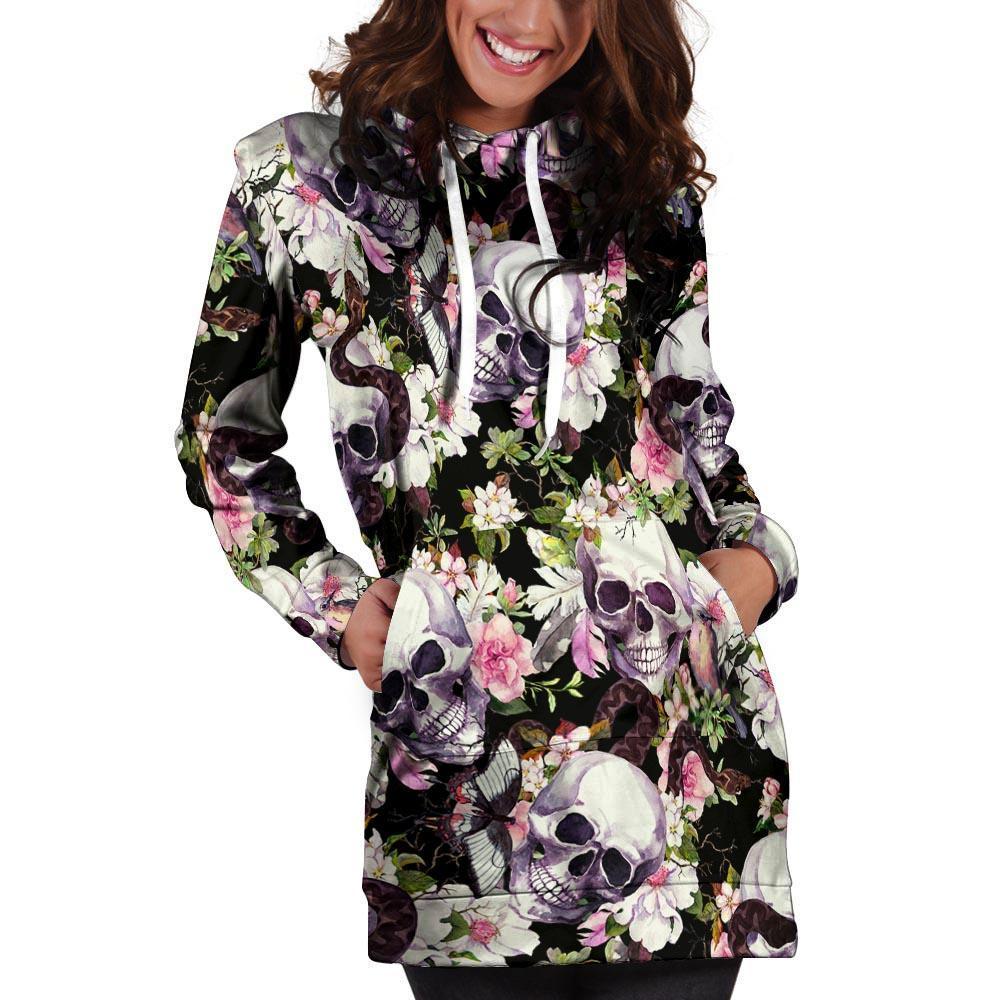 Flower Skull Hoodie Dress-grizzshop