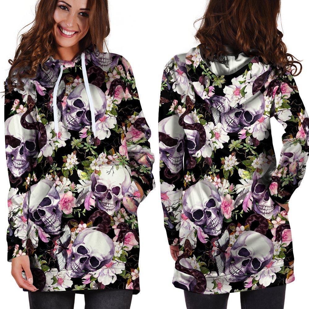 Flower Skull Hoodie Dress-grizzshop