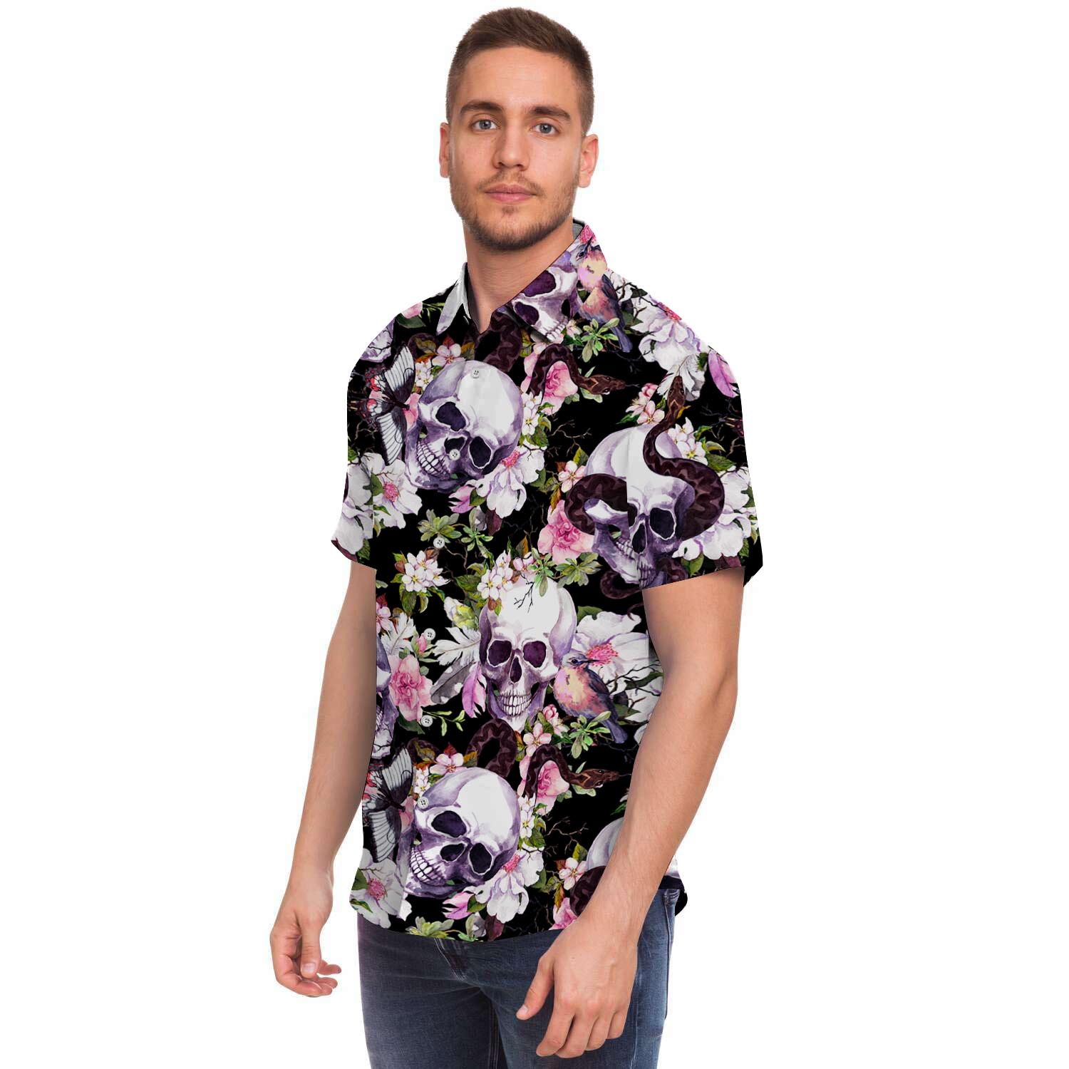 Flower Skull Men's Short Sleeve Shirt-grizzshop