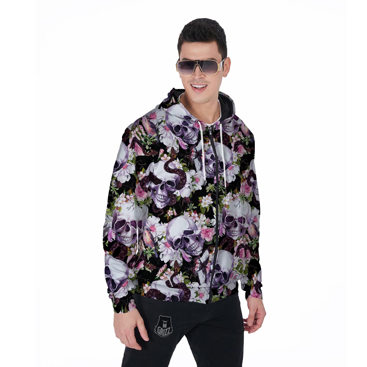 Flower Skull Men's Zip Up Hoodie-grizzshop