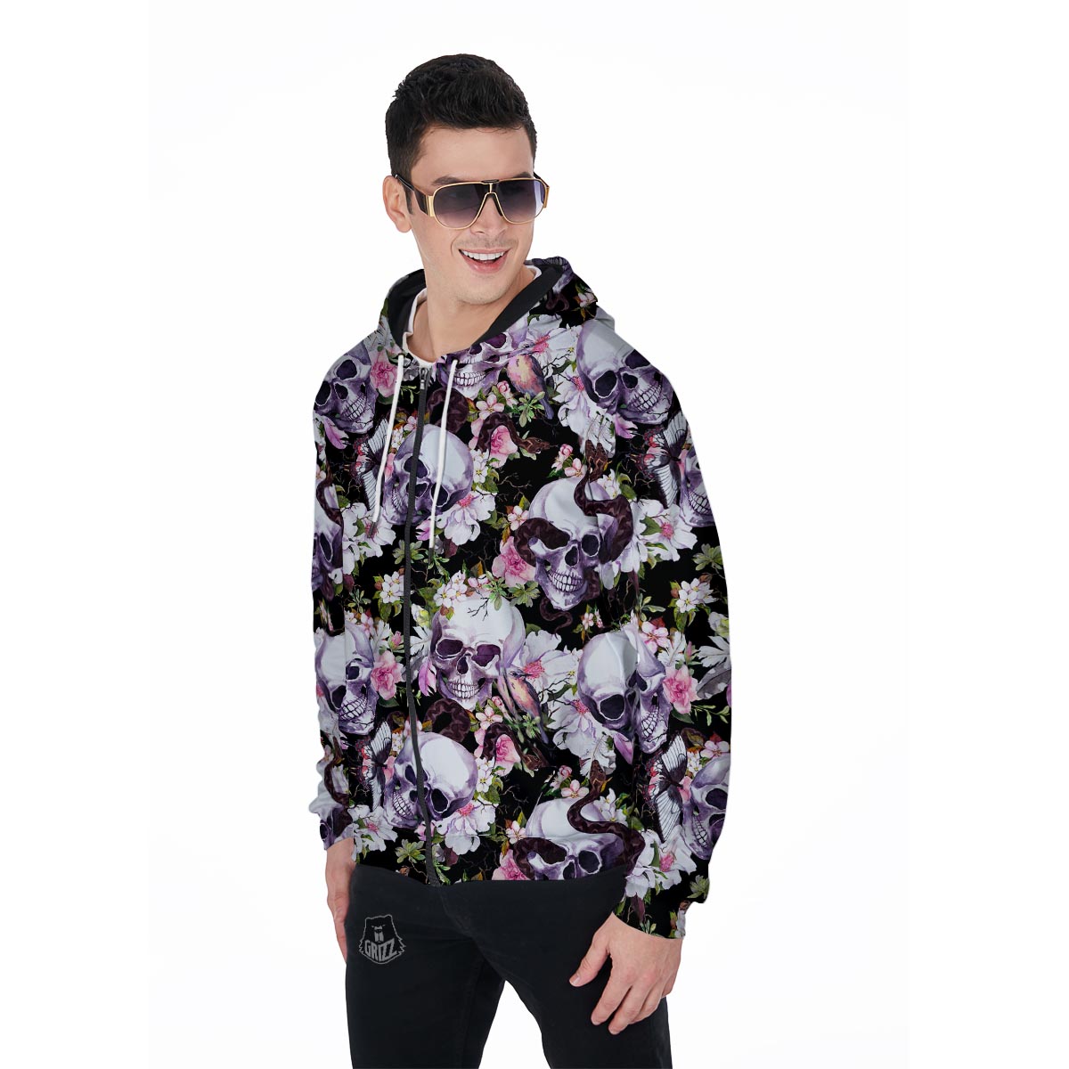 Flower Skull Men's Zip Up Hoodie-grizzshop