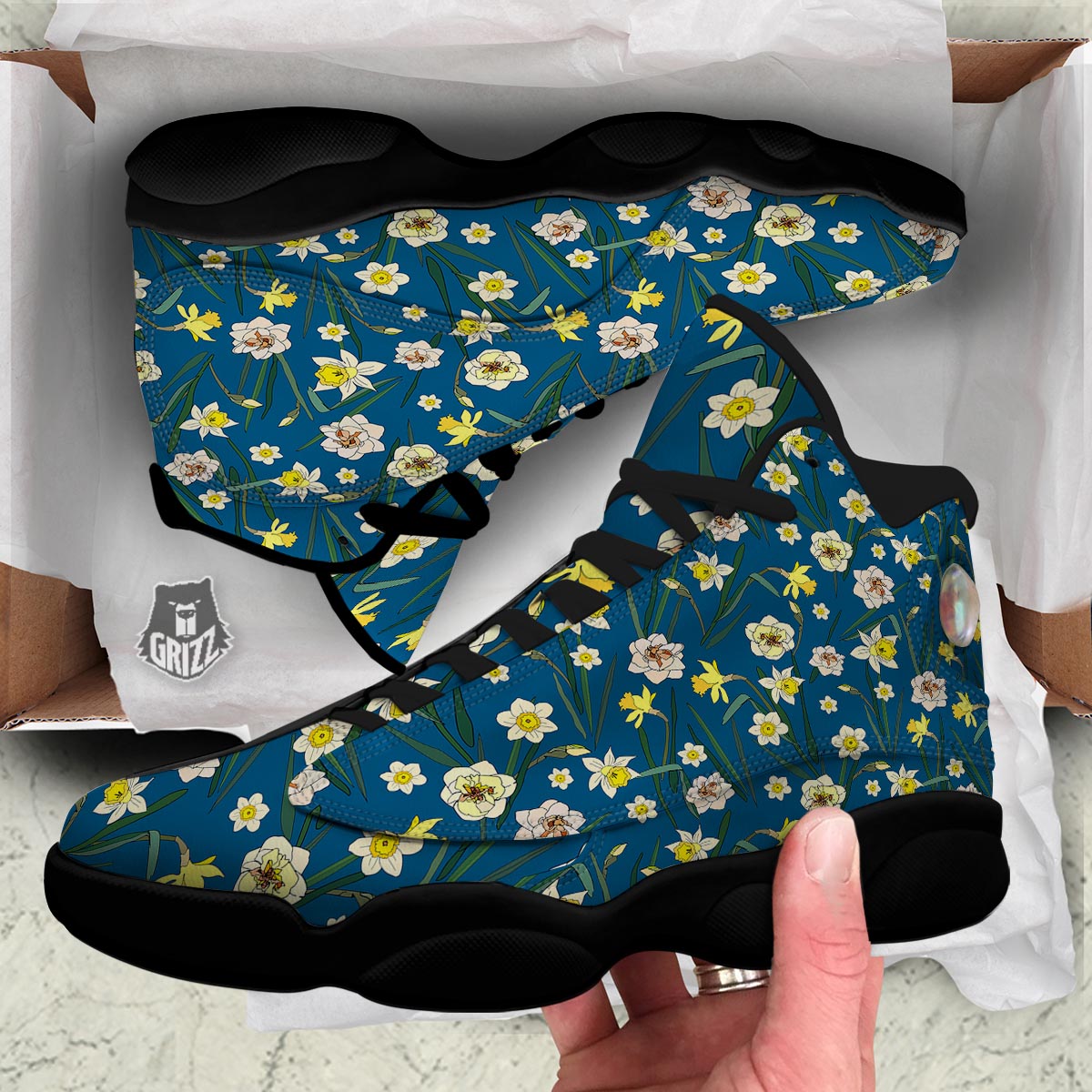 Flower Spring Daffodil Print Pattern Black Basketball Shoes-grizzshop