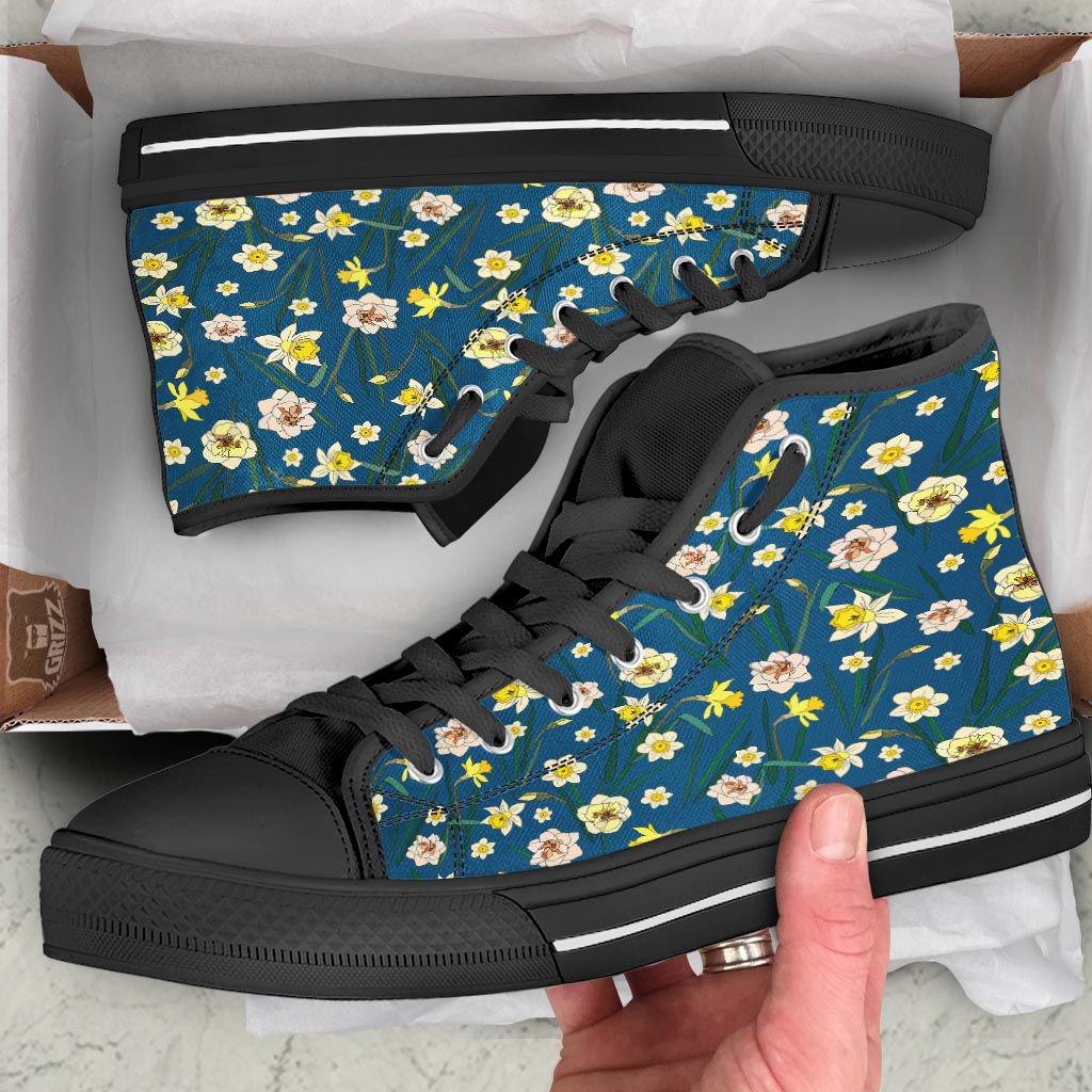 Flower Spring Daffodil Print Pattern Black High Top Shoes-grizzshop