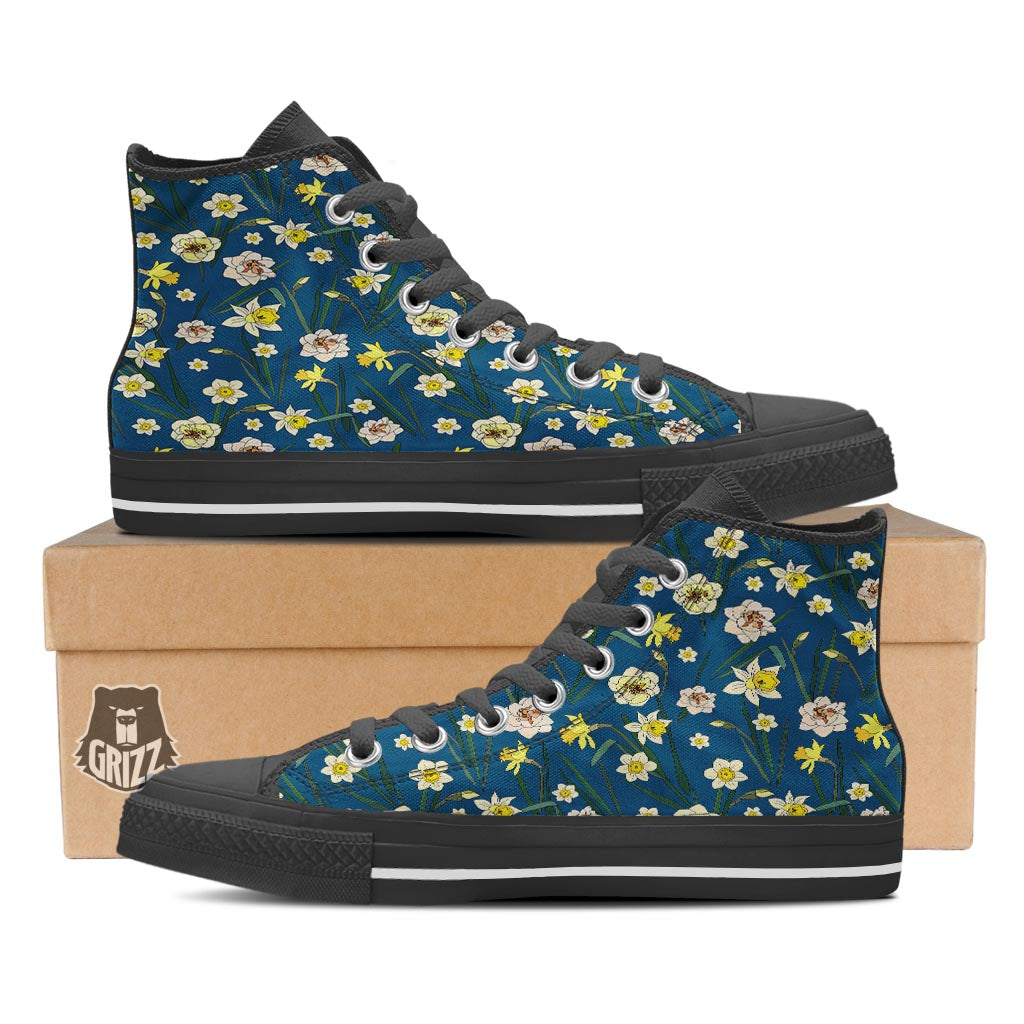 Flower Spring Daffodil Print Pattern Black High Top Shoes-grizzshop