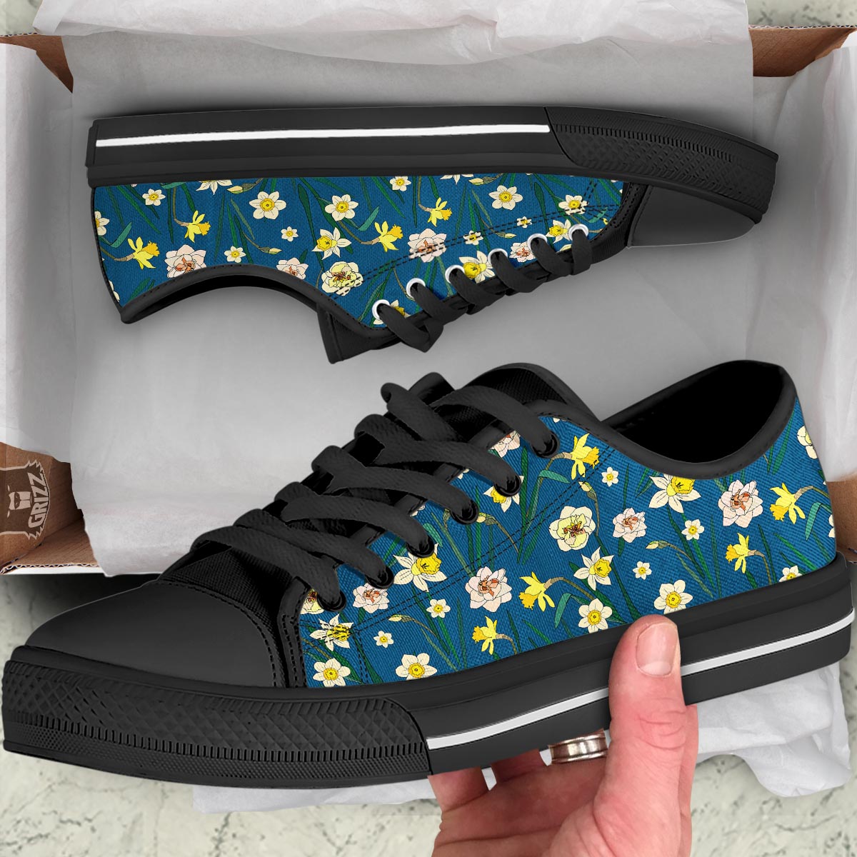 Flower Spring Daffodil Print Pattern Black Low Top Shoes-grizzshop