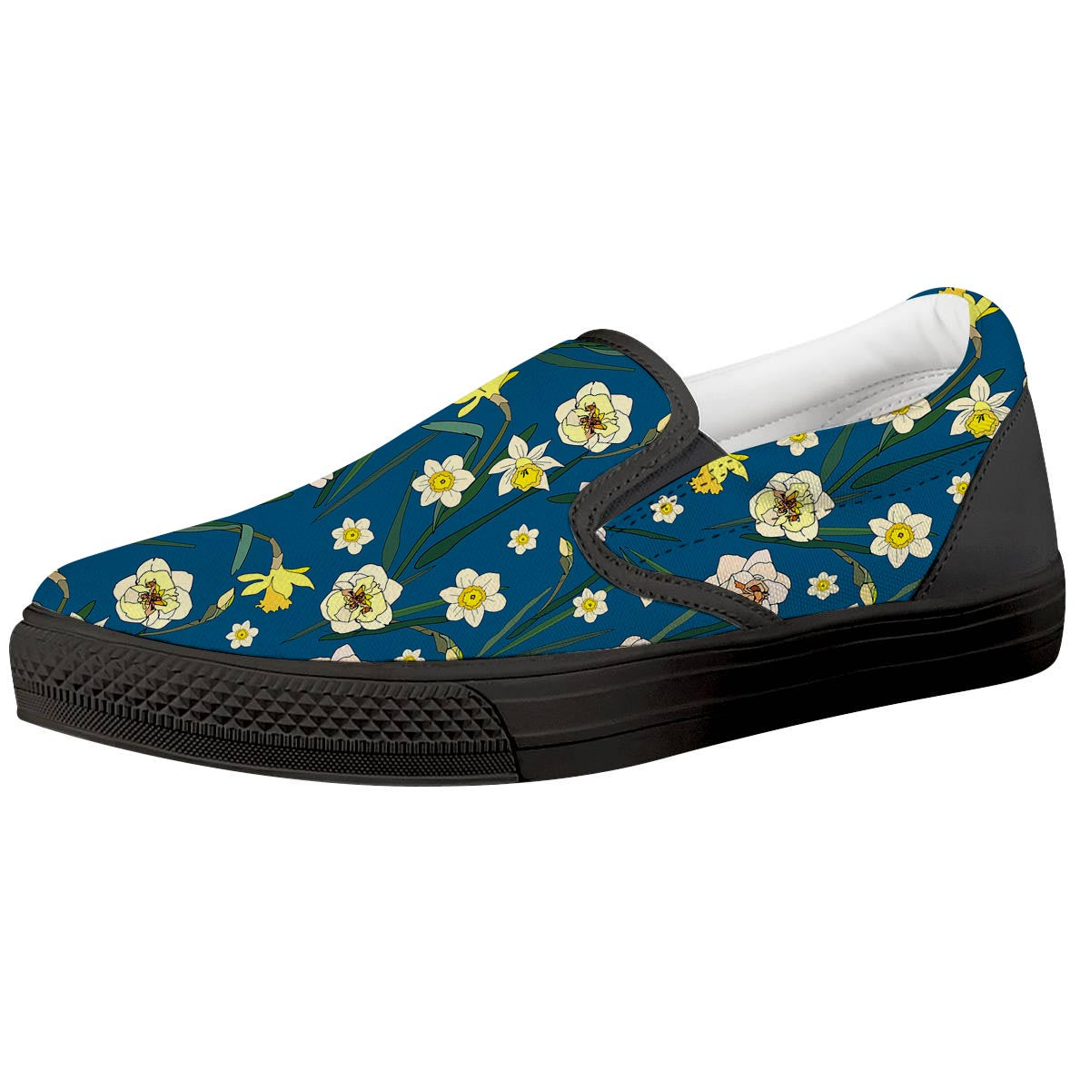 Flower Spring Daffodil Print Pattern Black Slip On Shoes-grizzshop