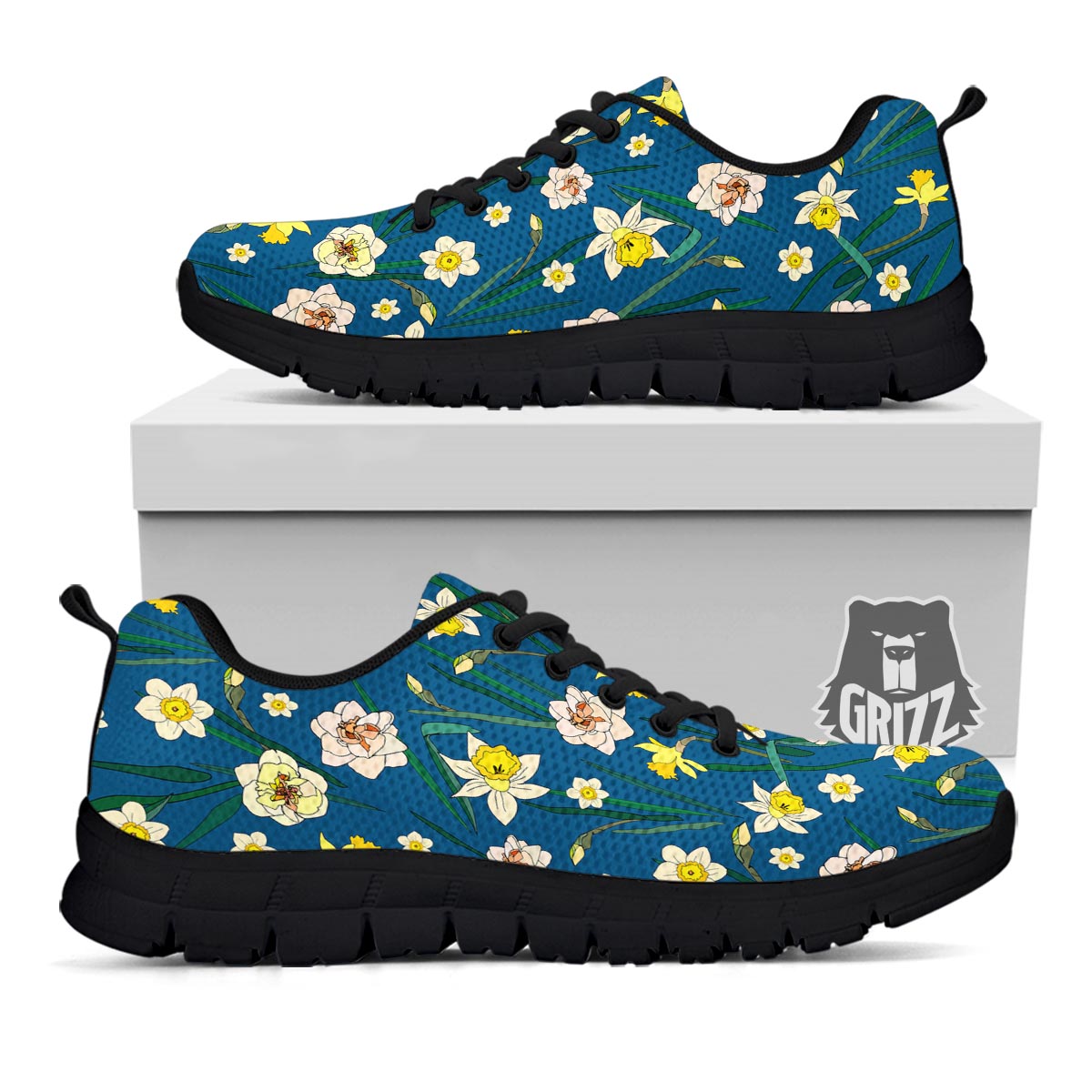 Flower Spring Daffodil Print Pattern Black Sneaker-grizzshop