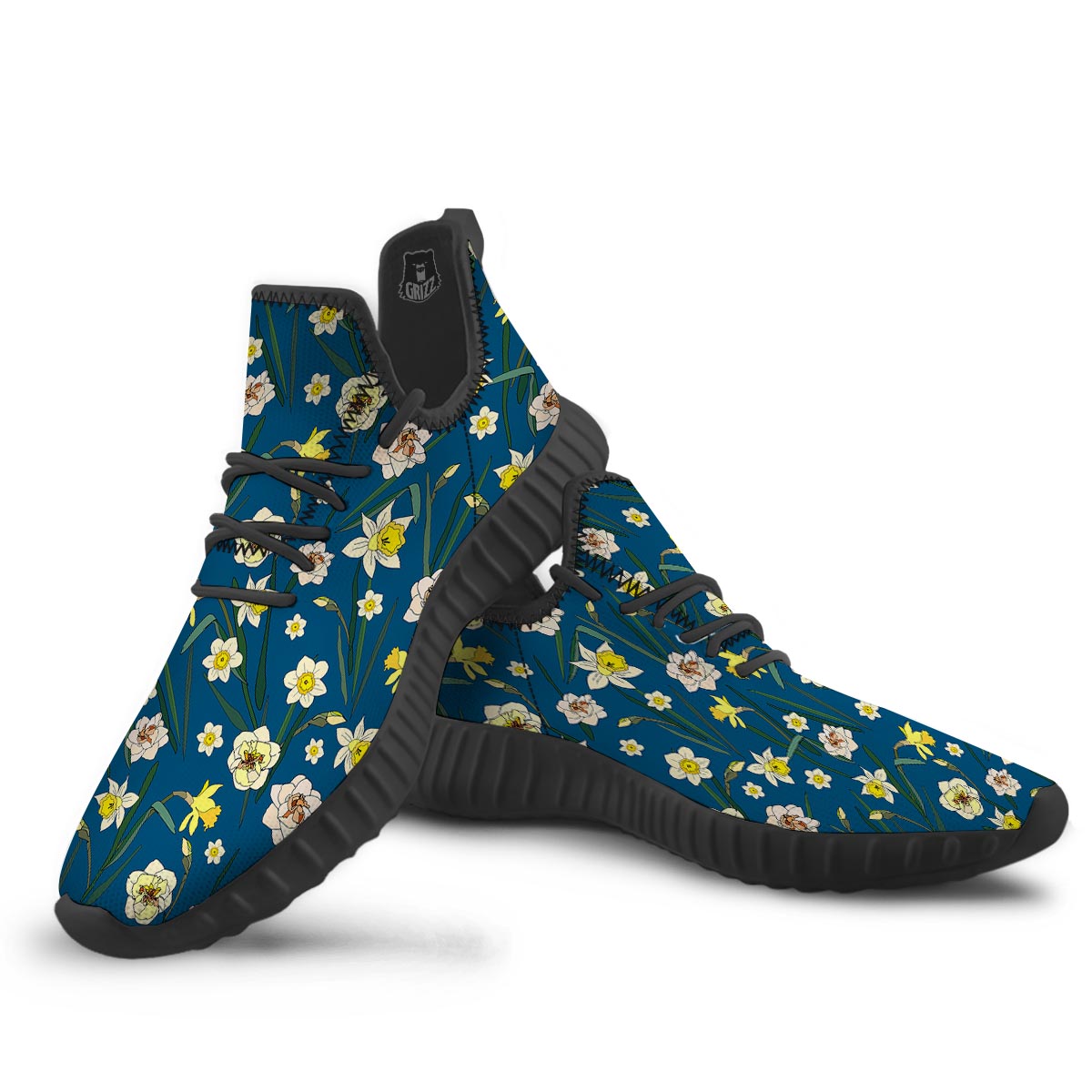 Flower Spring Daffodil Print Pattern Black Walking Shoes-grizzshop