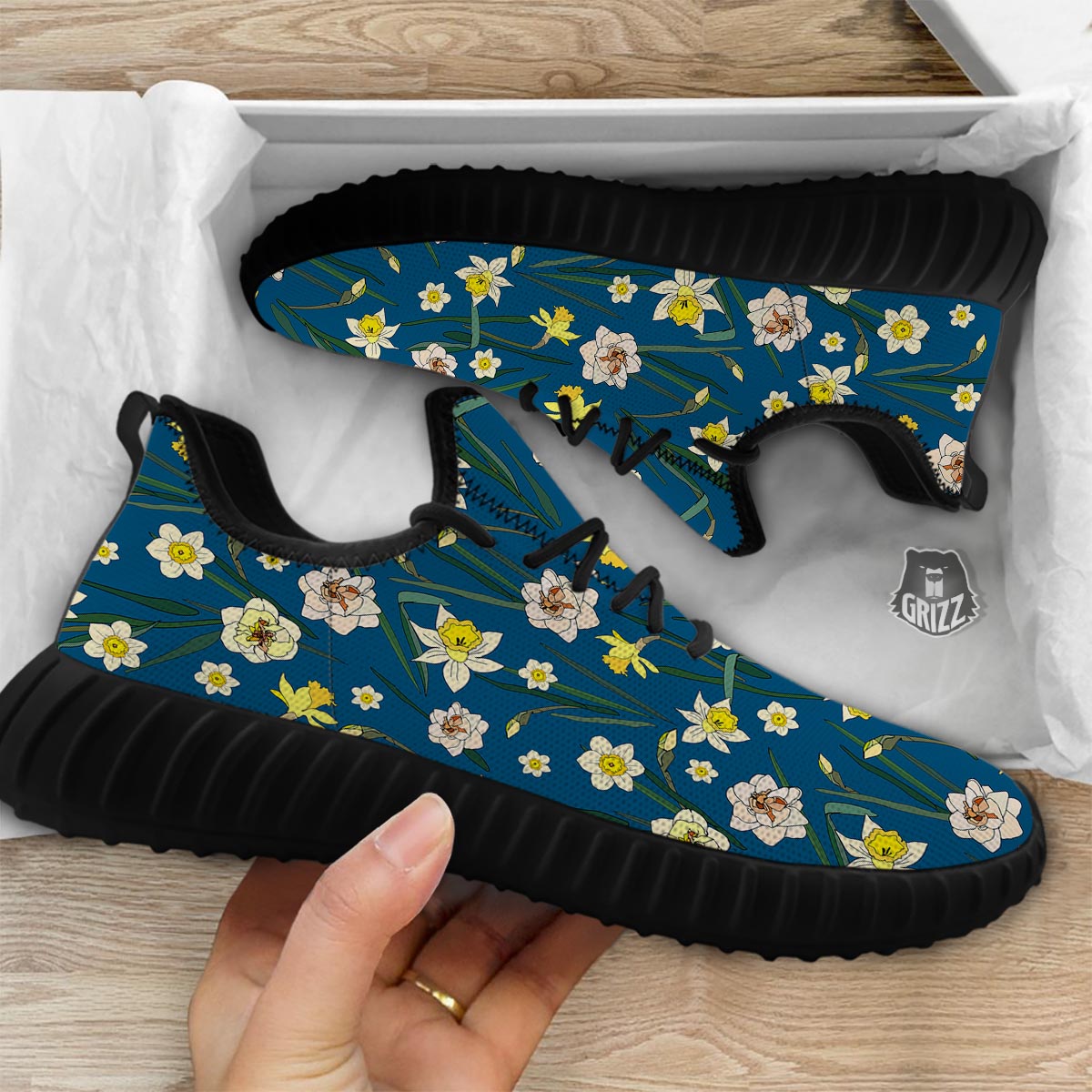 Flower Spring Daffodil Print Pattern Black Walking Shoes-grizzshop