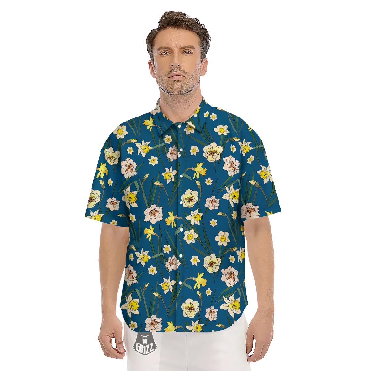 Flower Spring Daffodil Print Pattern Men's Short Sleeve Shirts-grizzshop