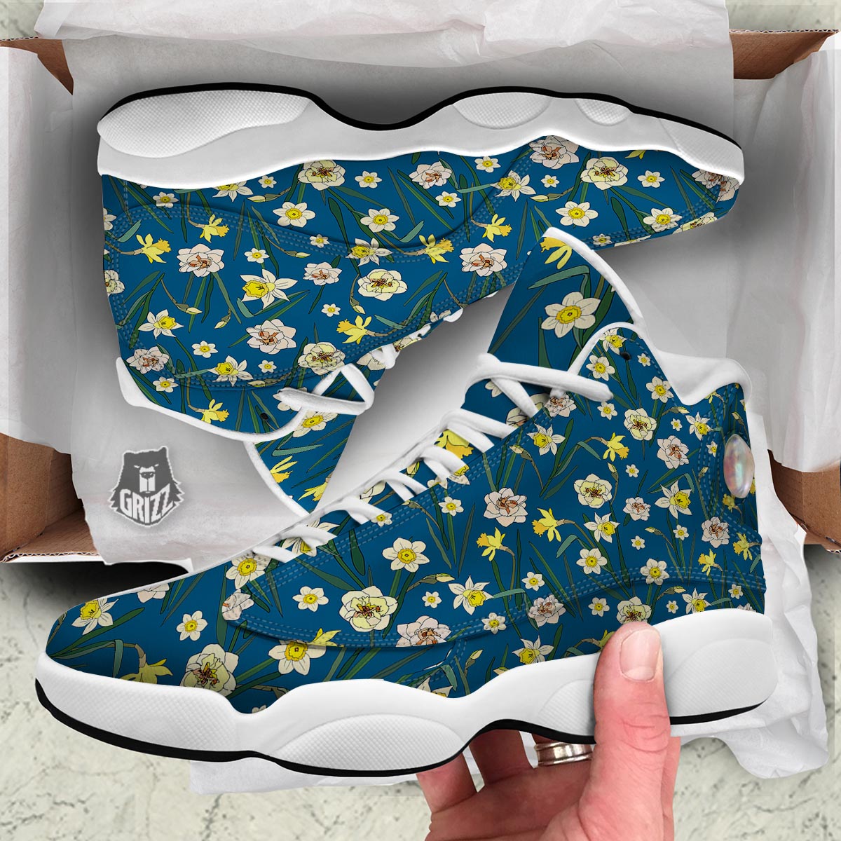 Flower Spring Daffodil Print Pattern White Basketball Shoes-grizzshop