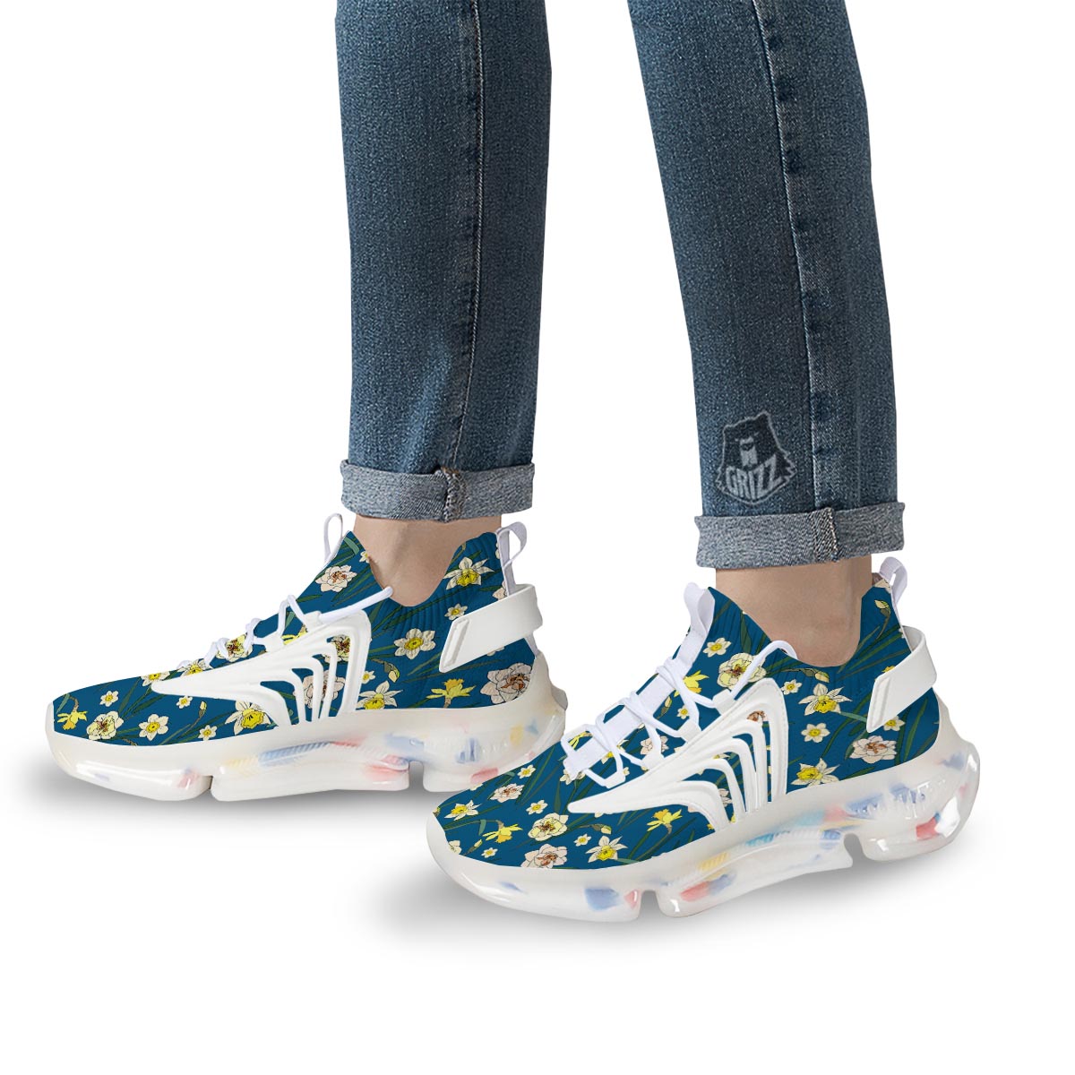 Flower Spring Daffodil Print Pattern White Gym Shoes-grizzshop