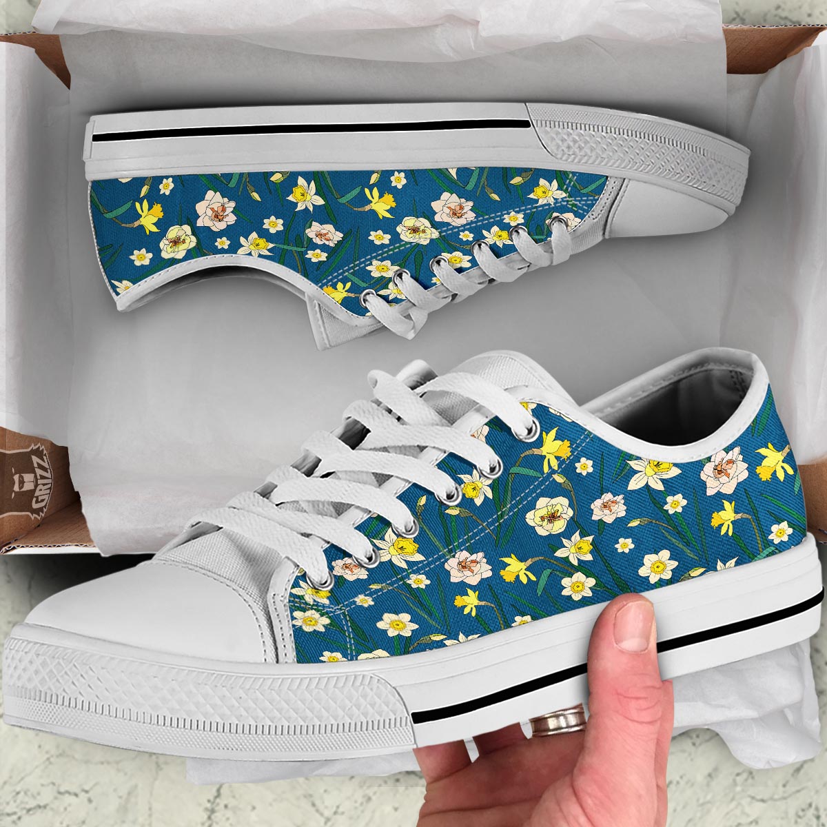 Flower Spring Daffodil Print Pattern White Low Top Shoes-grizzshop