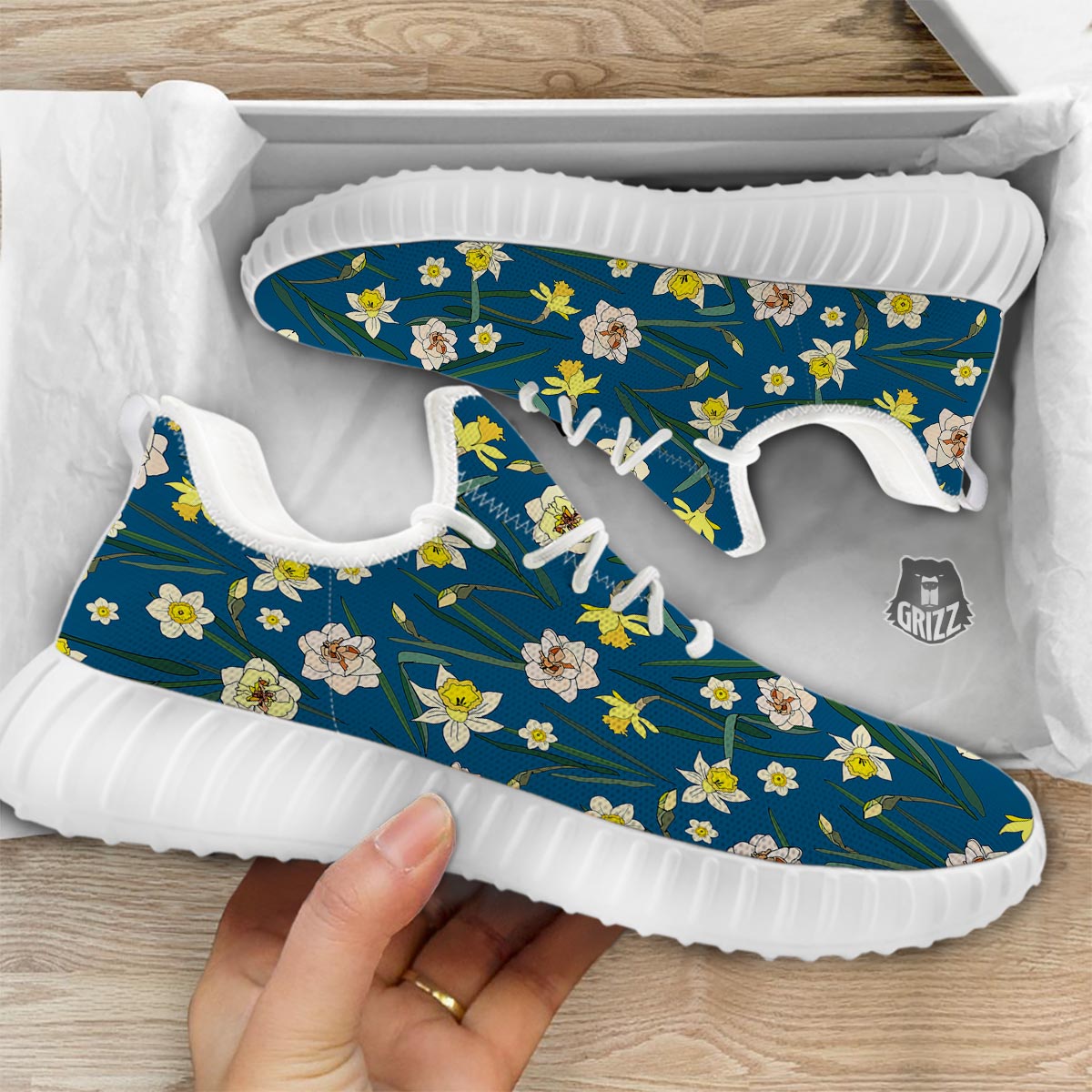 Flower Spring Daffodil Print Pattern White Walking Shoes-grizzshop