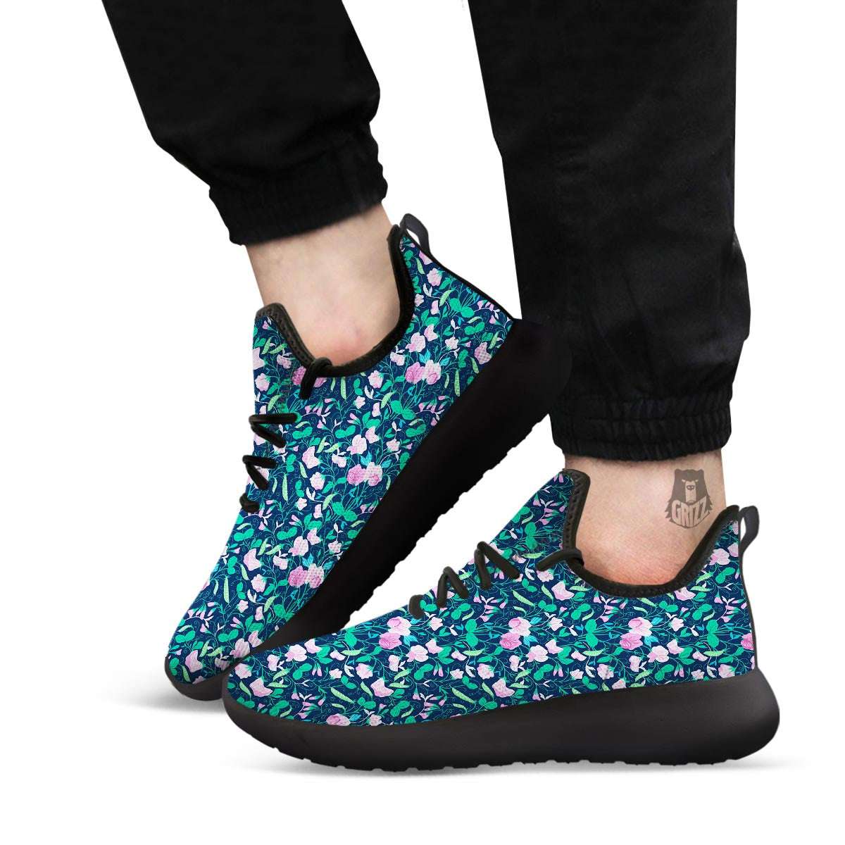 Flower Sweet Pea Print Pattern Black Athletic Shoes-grizzshop