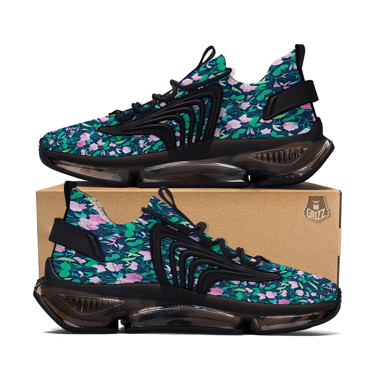 Flower Sweet Pea Print Pattern Black Gym Shoes-grizzshop