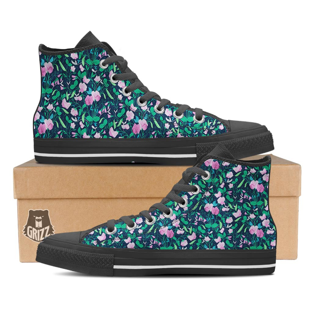 Flower Sweet Pea Print Pattern Black High Top Shoes-grizzshop