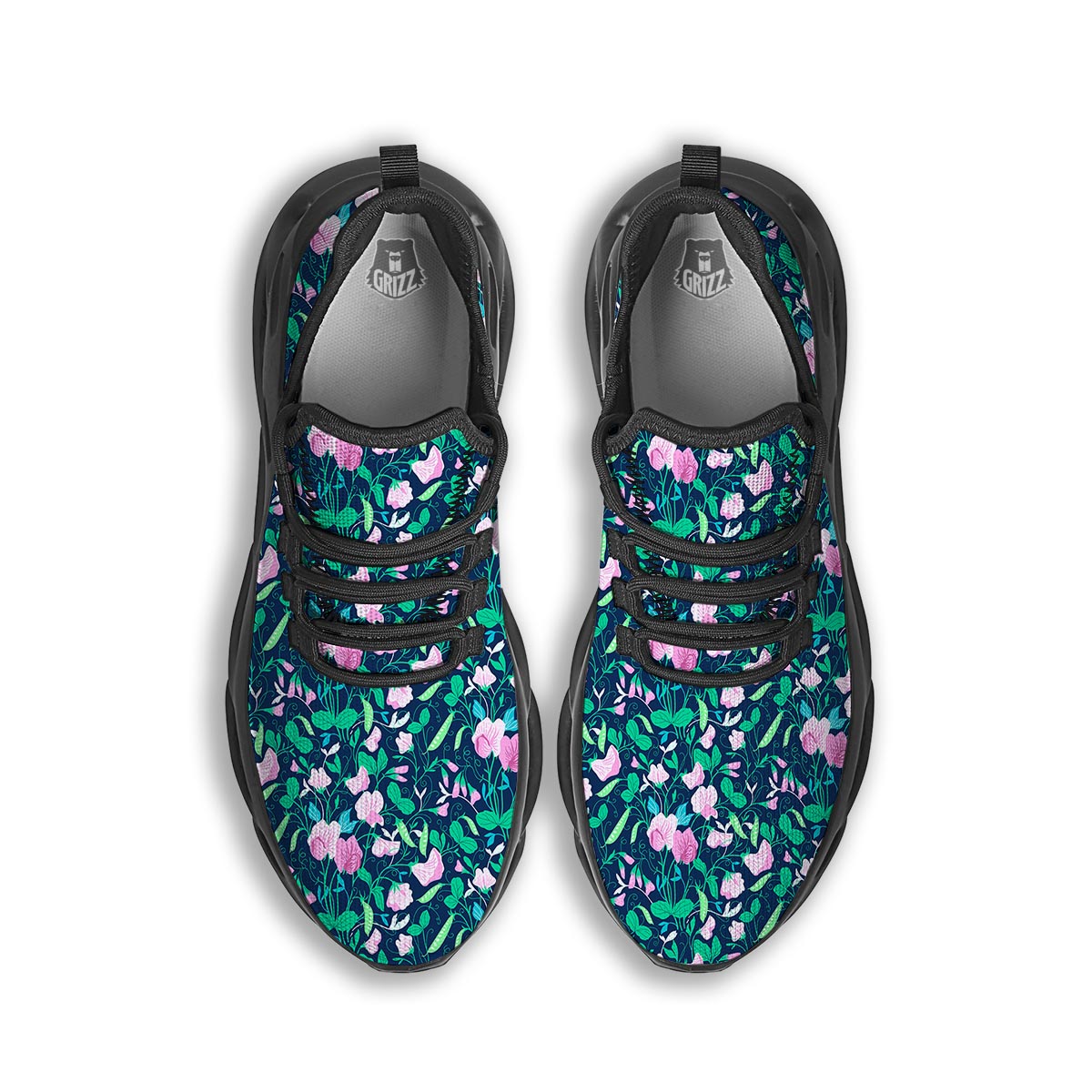 Flower Sweet Pea Print Pattern Black Running Shoes-grizzshop