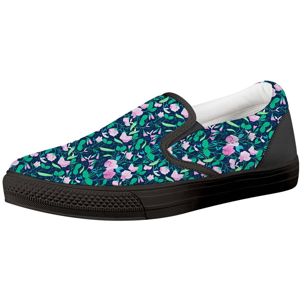 Flower Sweet Pea Print Pattern Black Slip On Shoes-grizzshop
