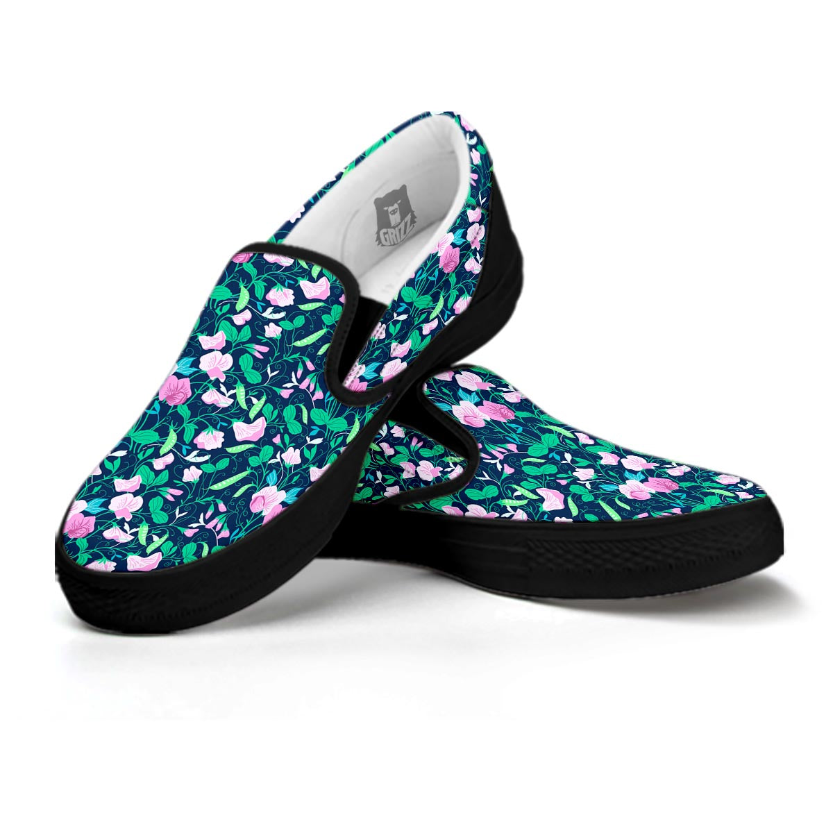 Flower Sweet Pea Print Pattern Black Slip On Shoes-grizzshop