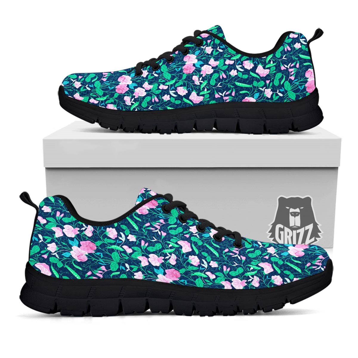 Flower Sweet Pea Print Pattern Black Sneaker-grizzshop