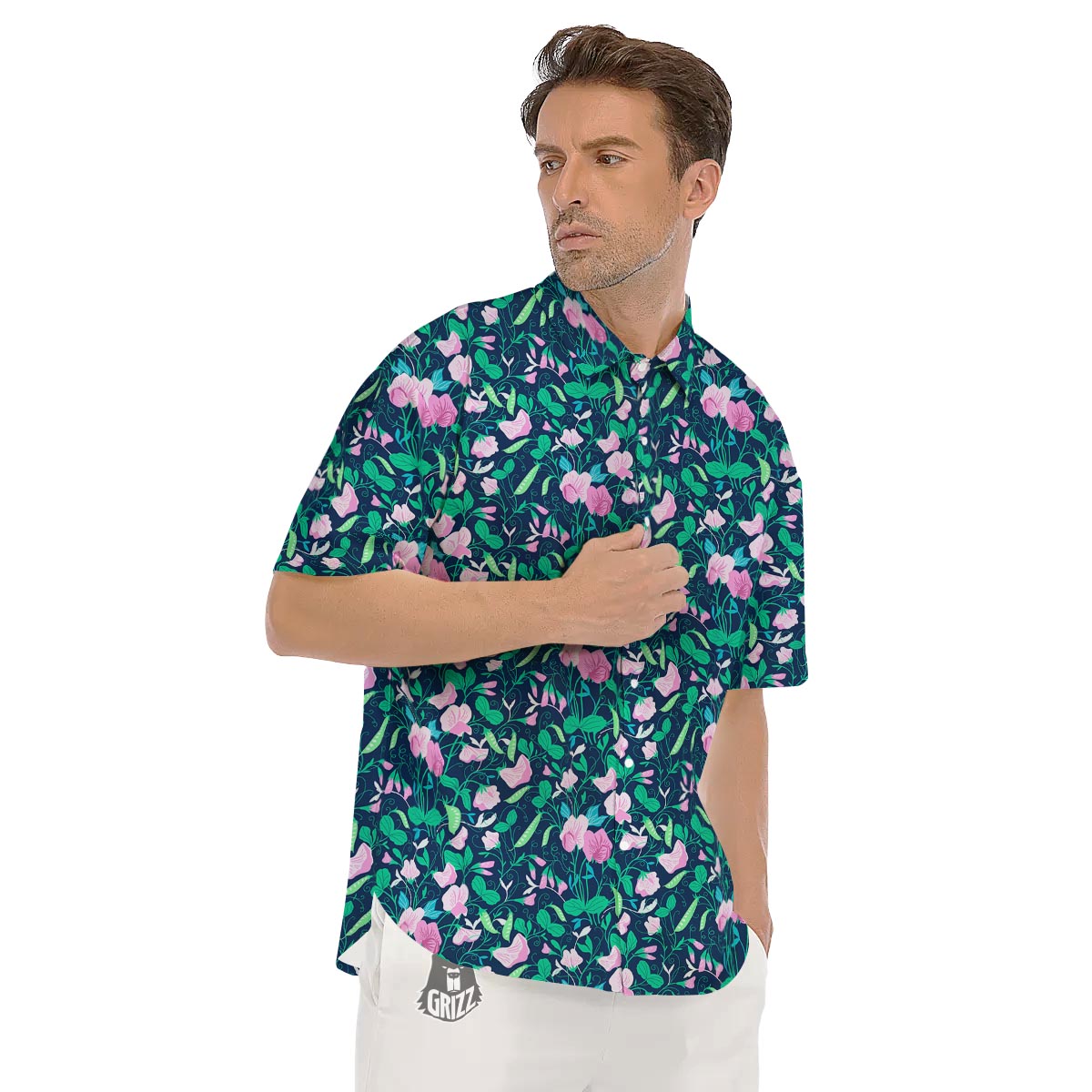 Flower Sweet Pea Print Pattern Men's Short Sleeve Shirts-grizzshop