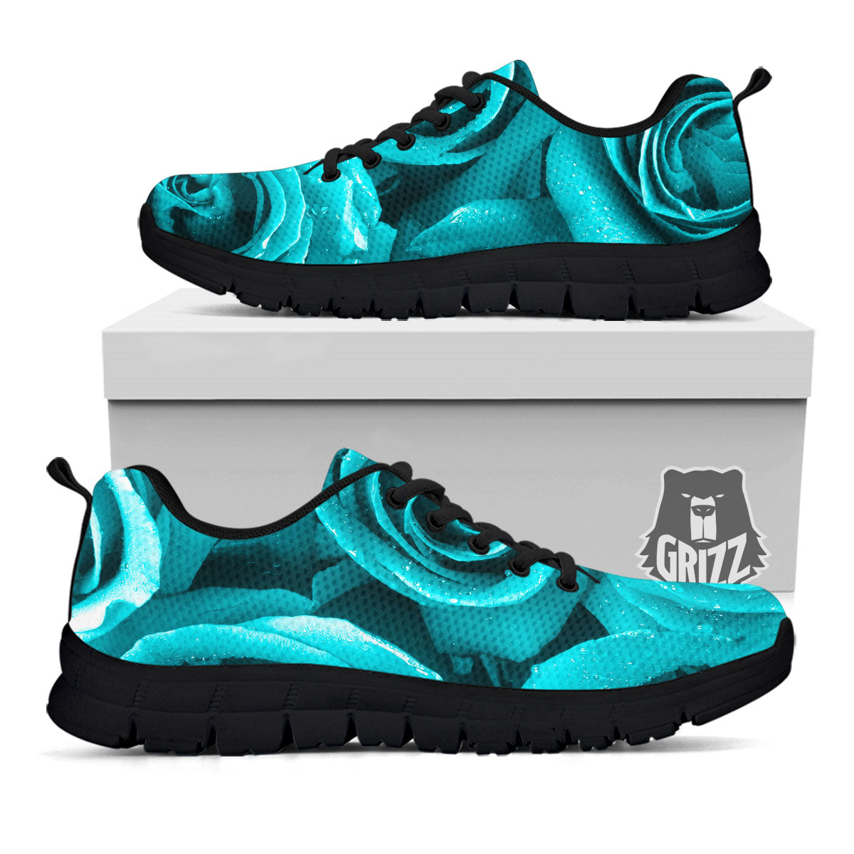 Flower Turquoise Rose Print Black Sneaker-grizzshop