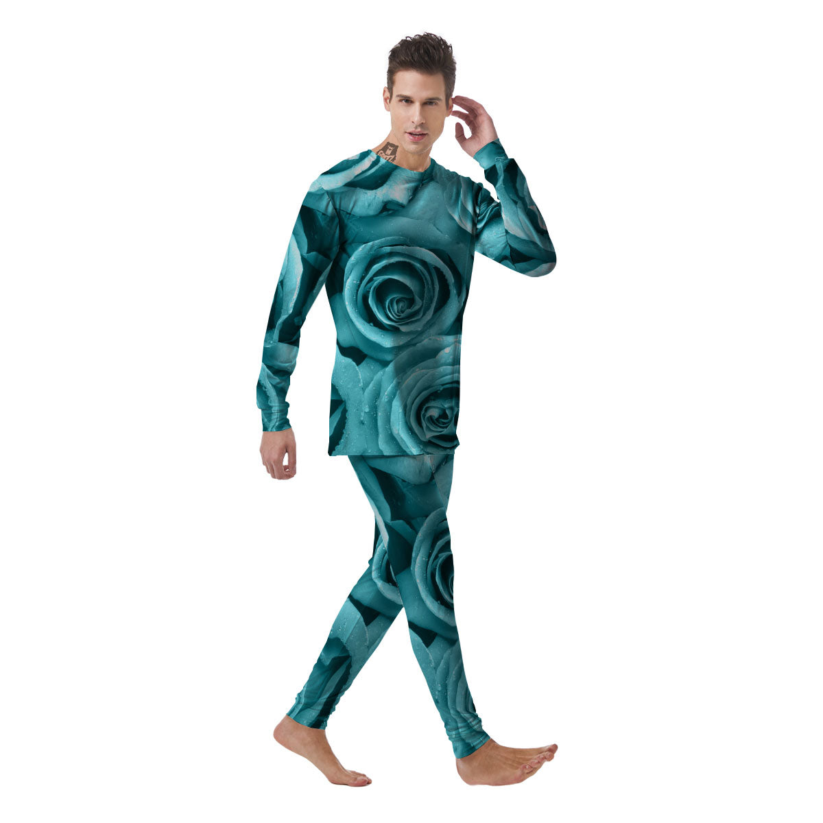 Flower Turquoise Rose Print Men's Pajamas-grizzshop