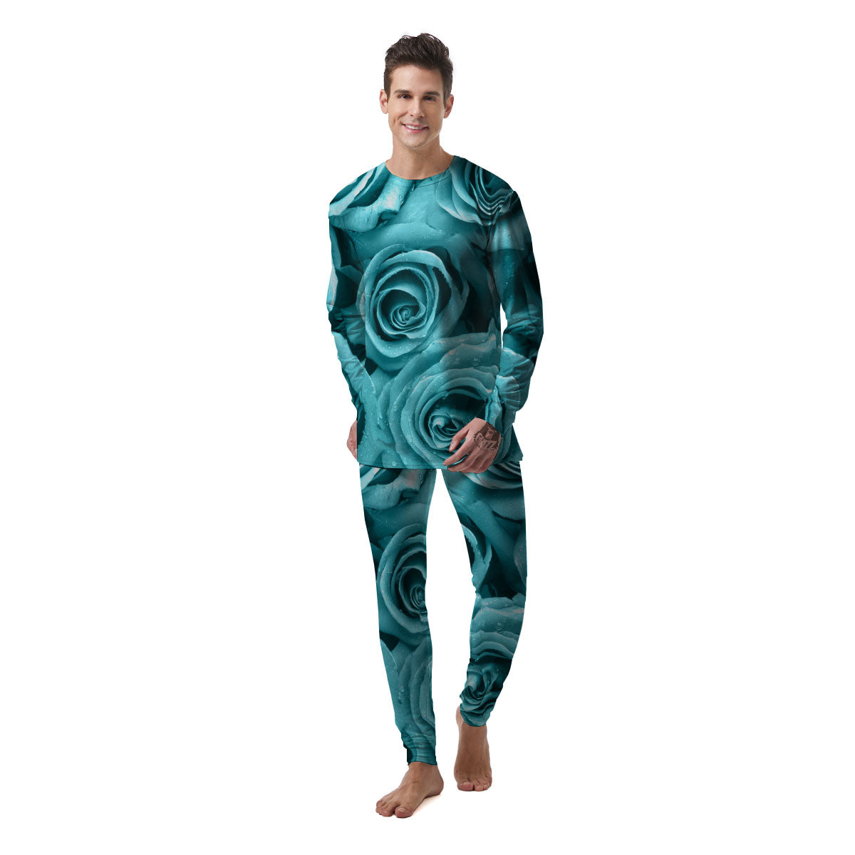 Flower Turquoise Rose Print Men's Pajamas-grizzshop