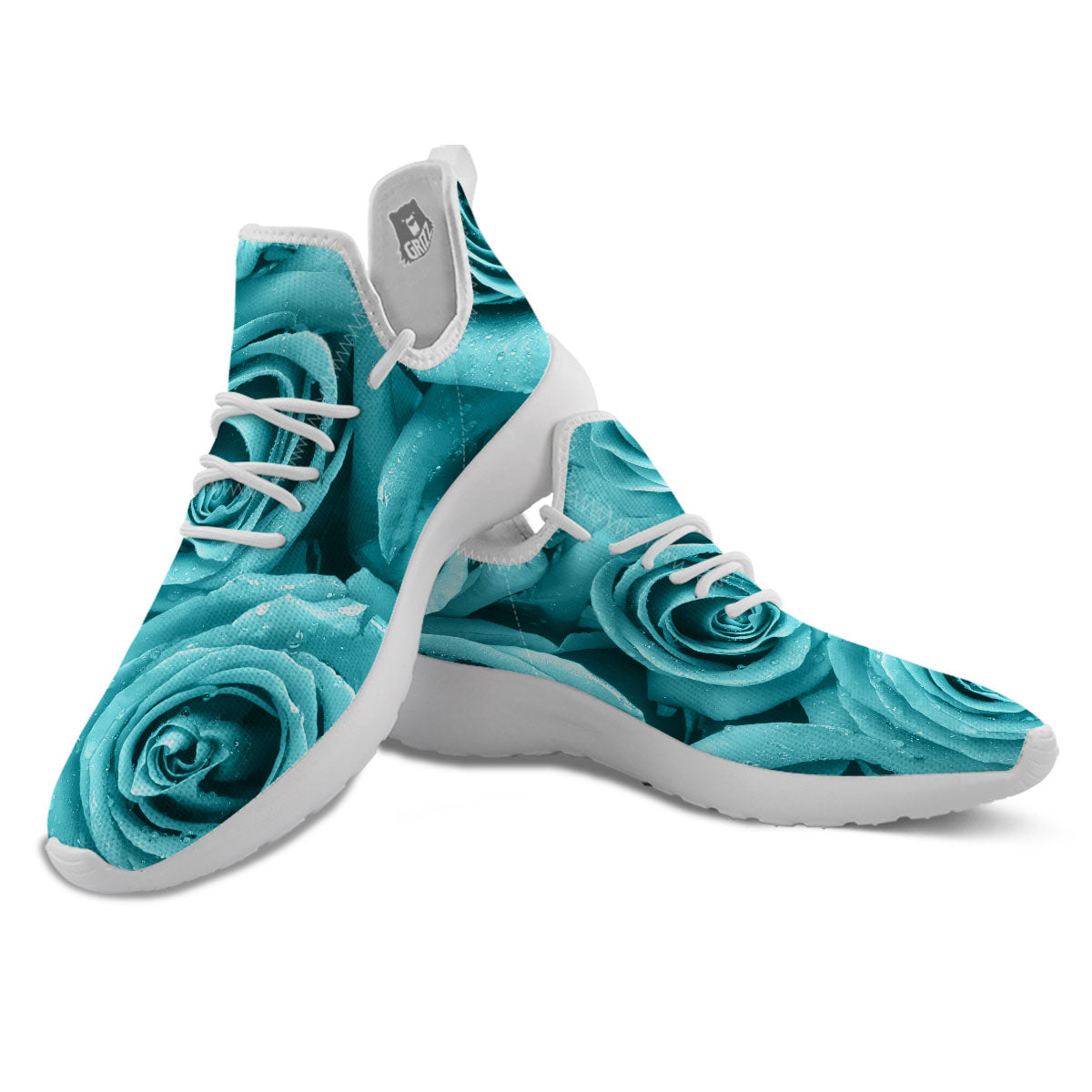 Flower Turquoise Rose Print White Athletic Shoes-grizzshop