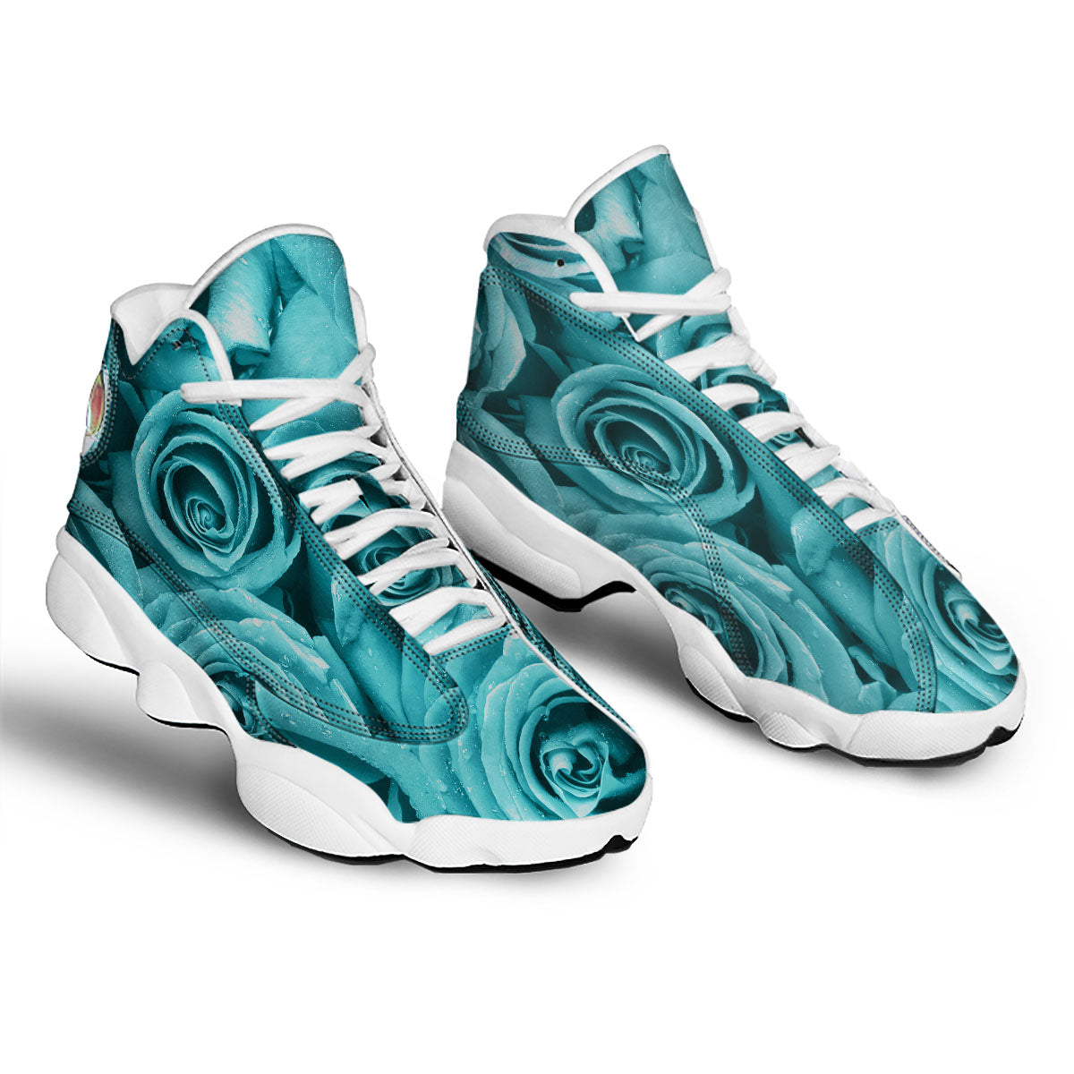 Flower Turquoise Rose Print White Basketball Shoes-grizzshop