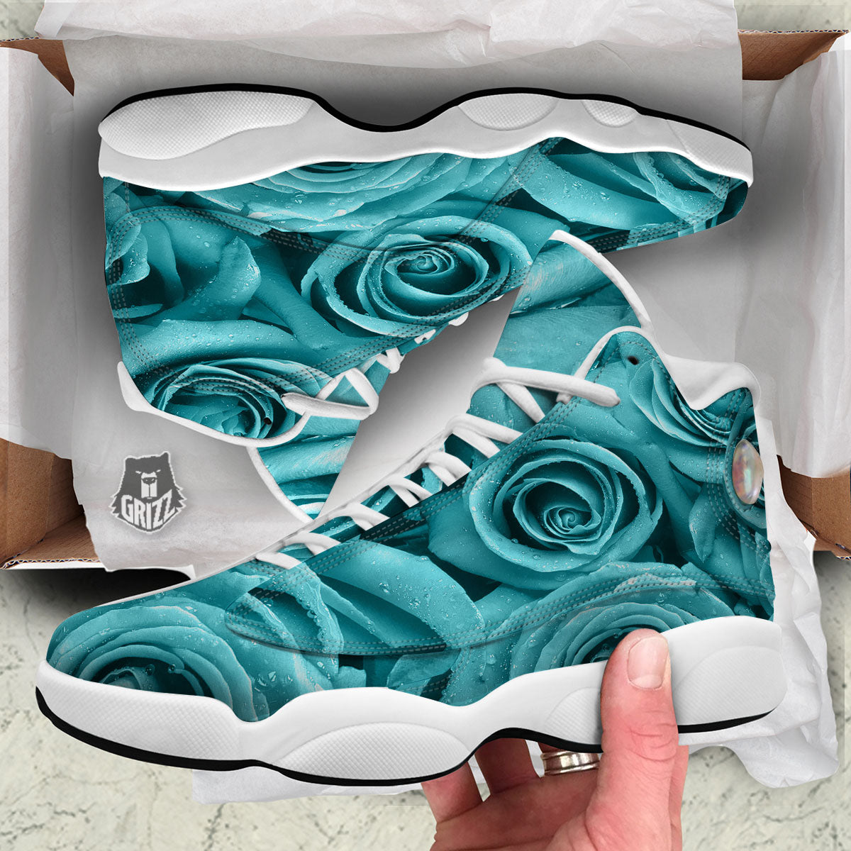 Flower Turquoise Rose Print White Basketball Shoes-grizzshop